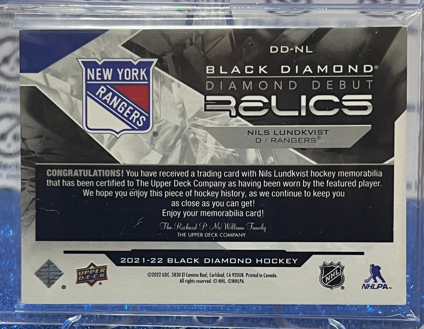 2021-22 UPPER DECK BLACK DIAMOND DEBUT RELICS NILS LUNDKVIST # DD-NL NEW YORK RANGERS HOCKEY CARD