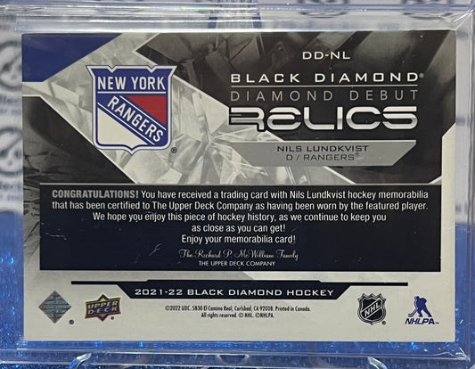 2021-22 UPPER DECK BLACK DIAMOND DEBUT RELICS NILS LUNDKVIST # DD-NL NEW YORK RANGERS HOCKEY CARD