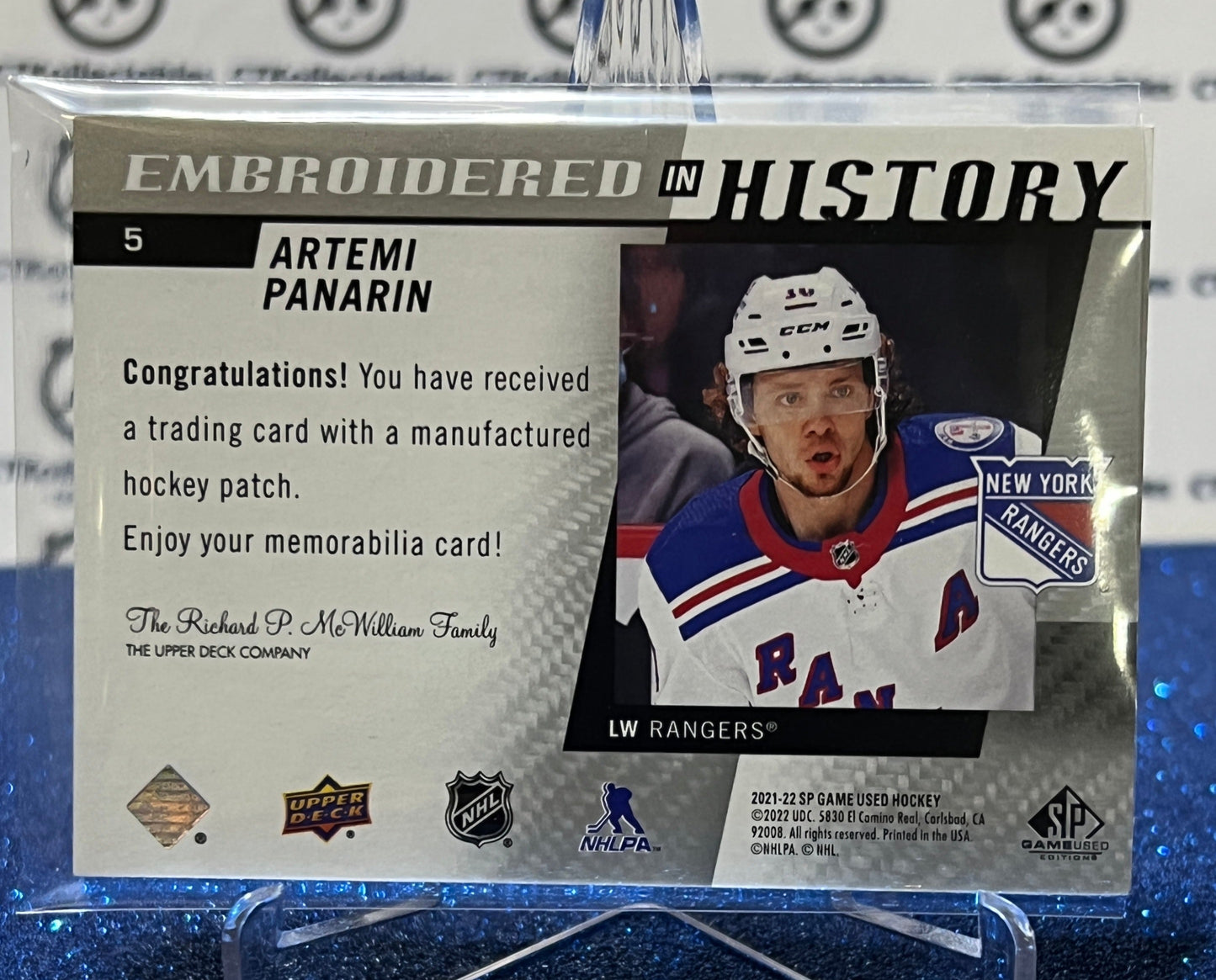 2021-22 UPPER DECK SP ARTEMI PANARIN # 5 EMBROIDERED IN HISTORY NEW YORK RANGERS NHL HOCKEY CARD