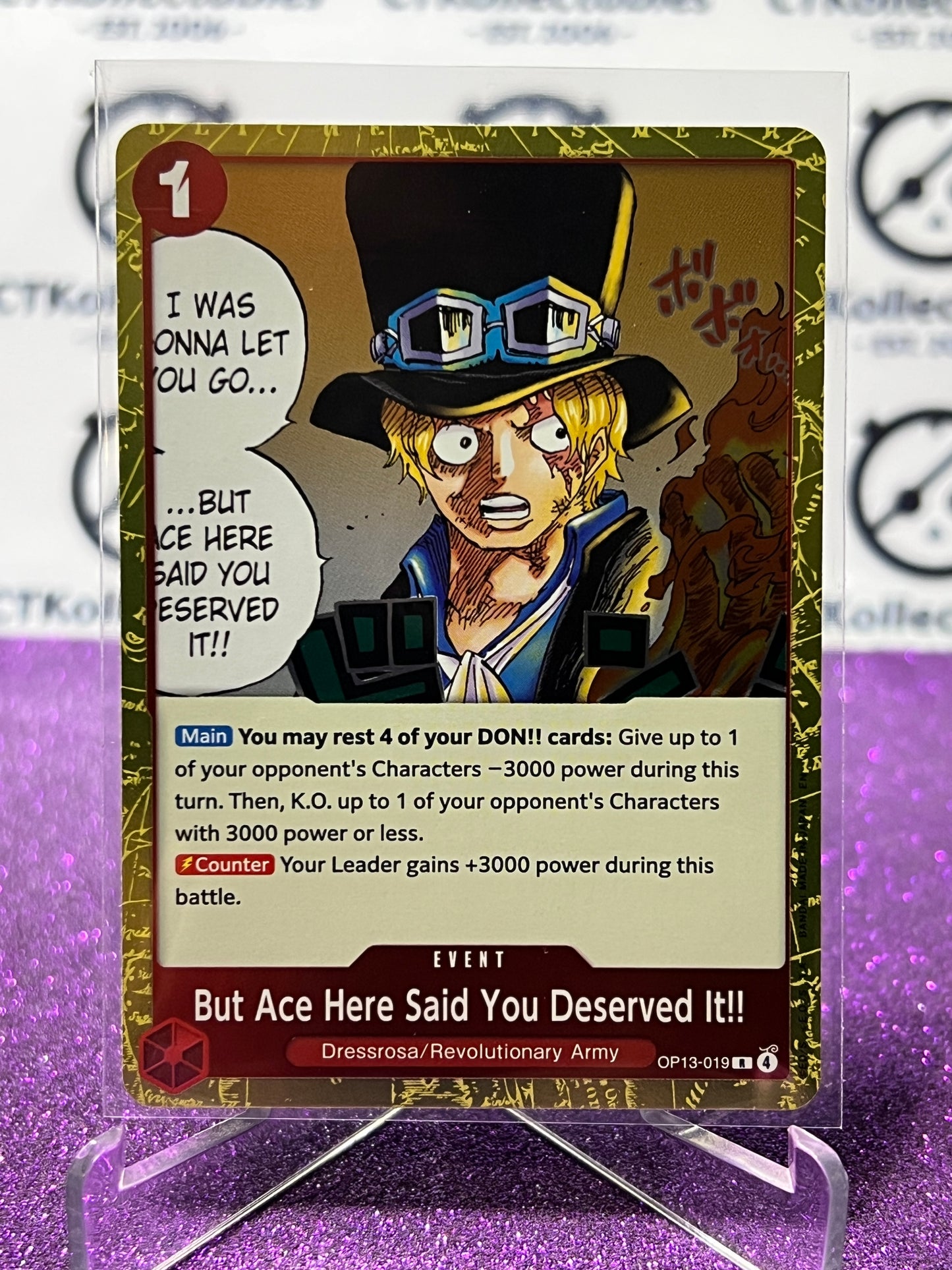 2025 ONE PIECE CARRYING ON HIS WILL BUT ACE SAID YOU DESERVED IT!! # OP13-019 R FOIL ENGLISH TRADING GAME CARD