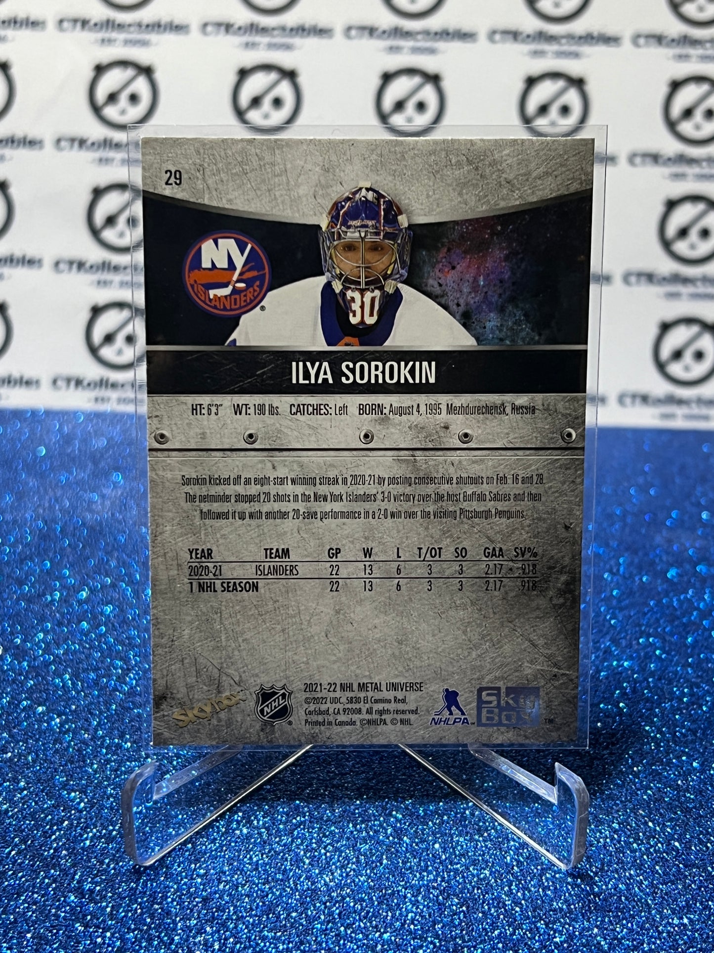 2021-22 SKYBOX METAL ILYA SOROKIN # 29 ROOKIE NEW YORK ISLANDERS NHL HOCKEY CARD