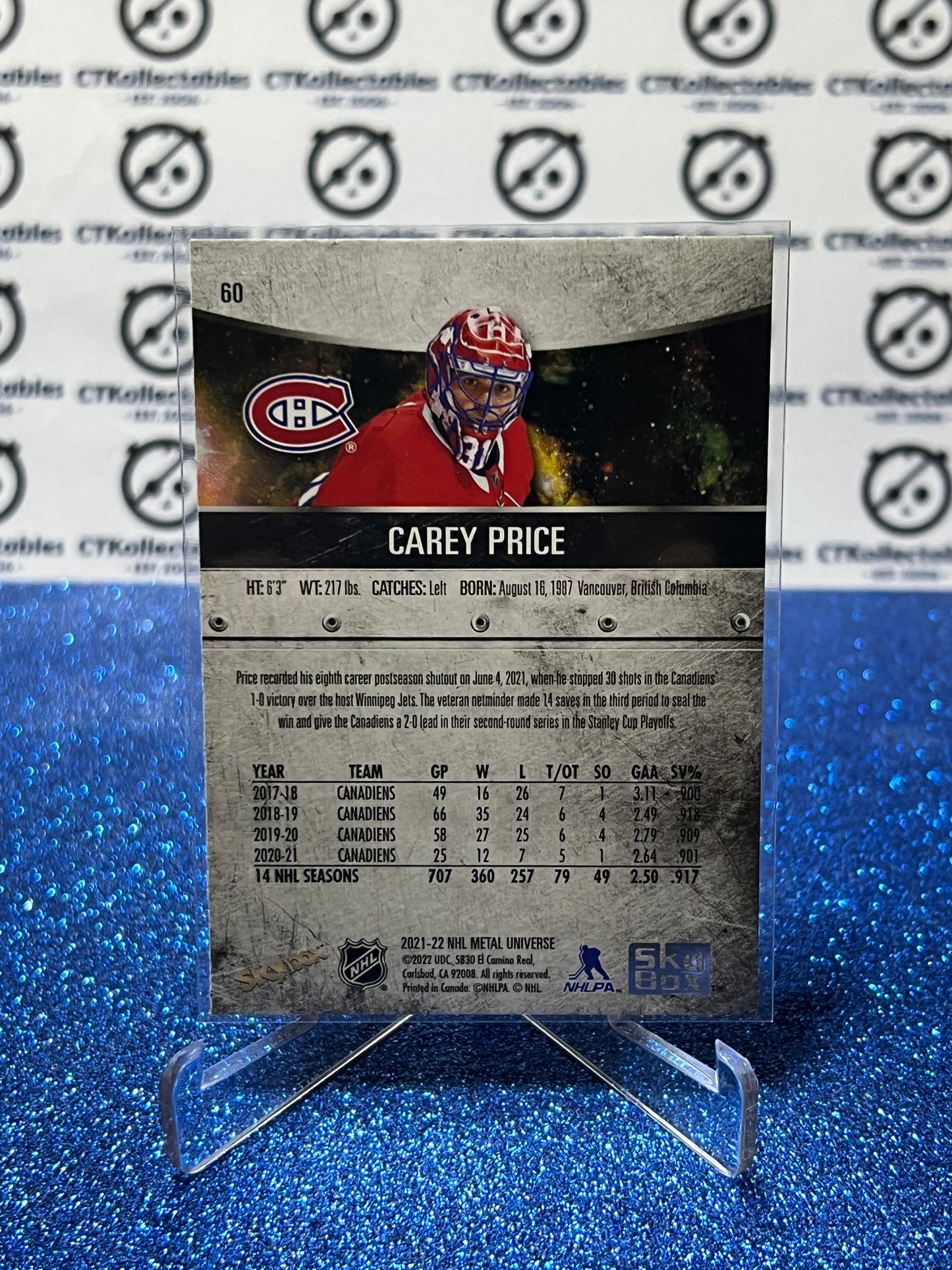 2021-22 SKYBOX METAL CAREY PRICE # 60 MONTREAL CANADIENS NHL HOCKEY CARD