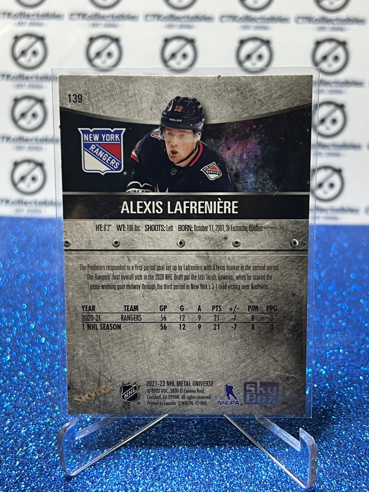 2021-22 SKYBOX METAL ALEXIS LAFRENIERE #139 ROOKIE COLUMBUS BLUE JACKETS NEW YORK RANGERS HOCKEY CARD