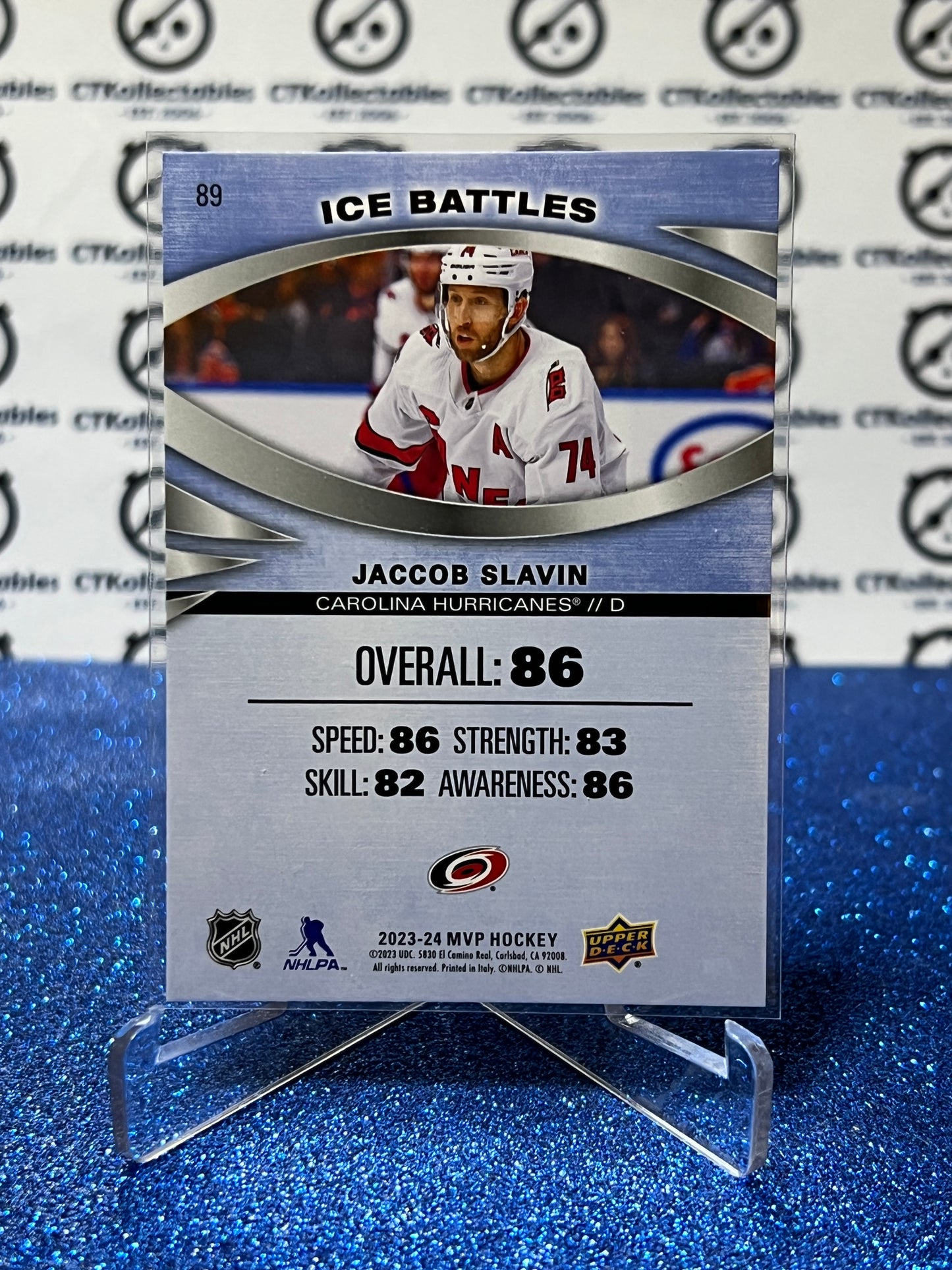 2023-24 UPPER DECK MVP JACCOB SLAVIN # 89 ICE BATTLES CAROLINA HURRICANES NHL HOCKEY TRADING CARD
