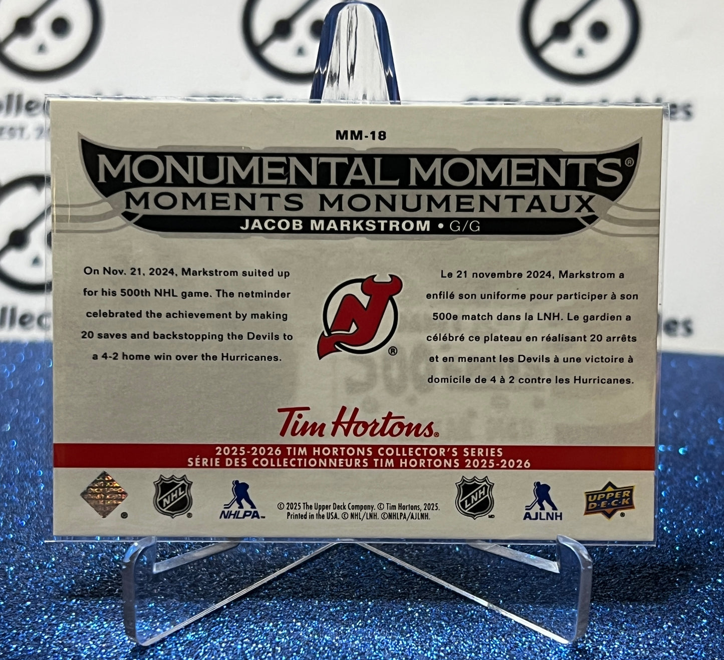 2025-26 UPPER DECK JACOB MARKSTROM # MM-18 TIM HORTONS NEW JERSEY DEVILS HOCKEY CARD