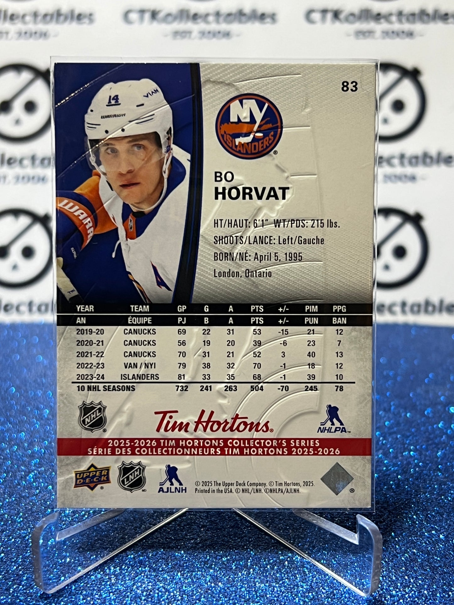 2025-26 UPPER DECK BO HORVAT # 83 TIM HORTONS NY ISLANDERS HOCKEY CARD