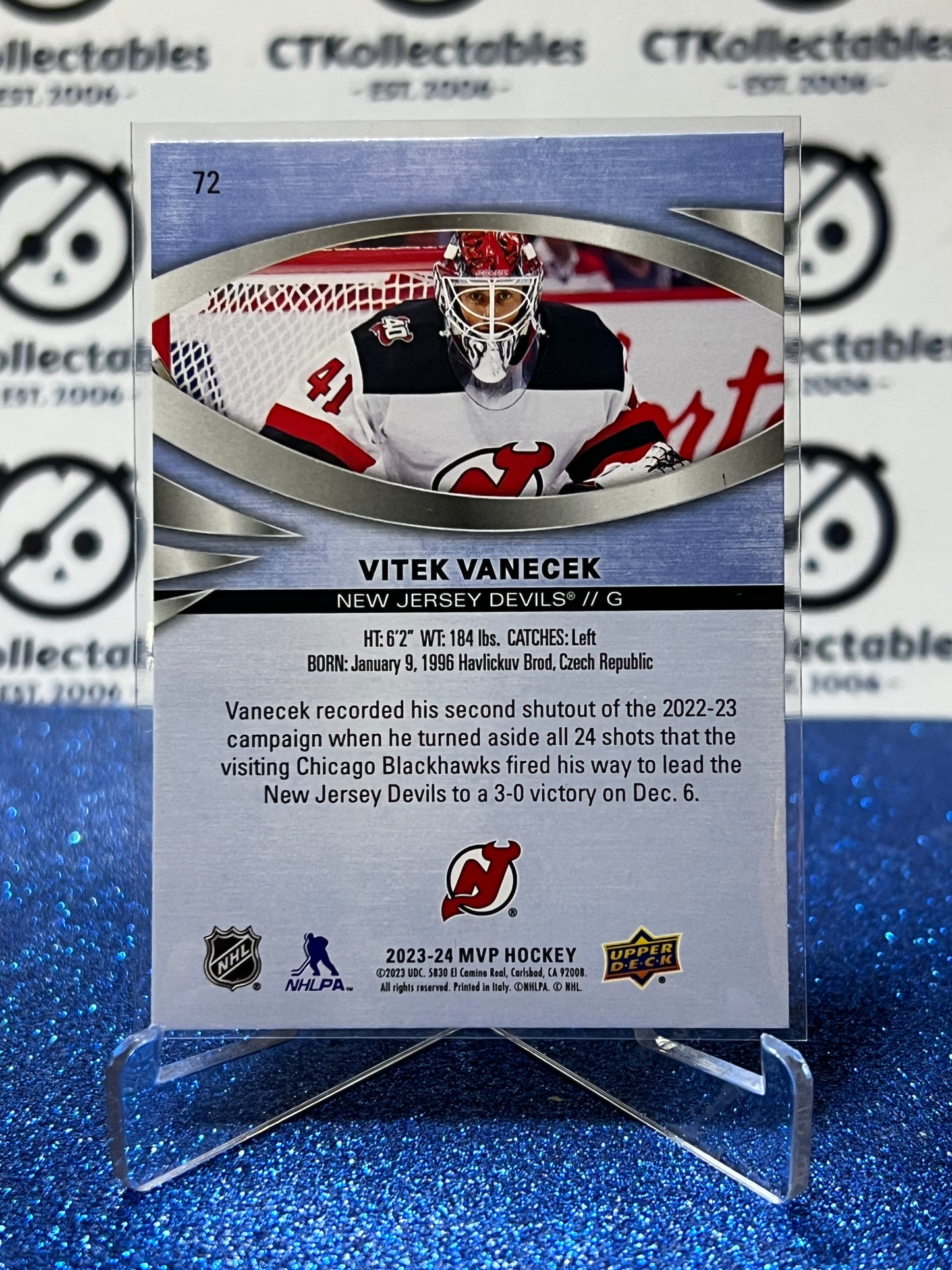 2023-24 UPPER DECK MVP VITEK VANECEK # 72 NEW JERSEY DEVILS NHL HOCKEY TRADING CARD