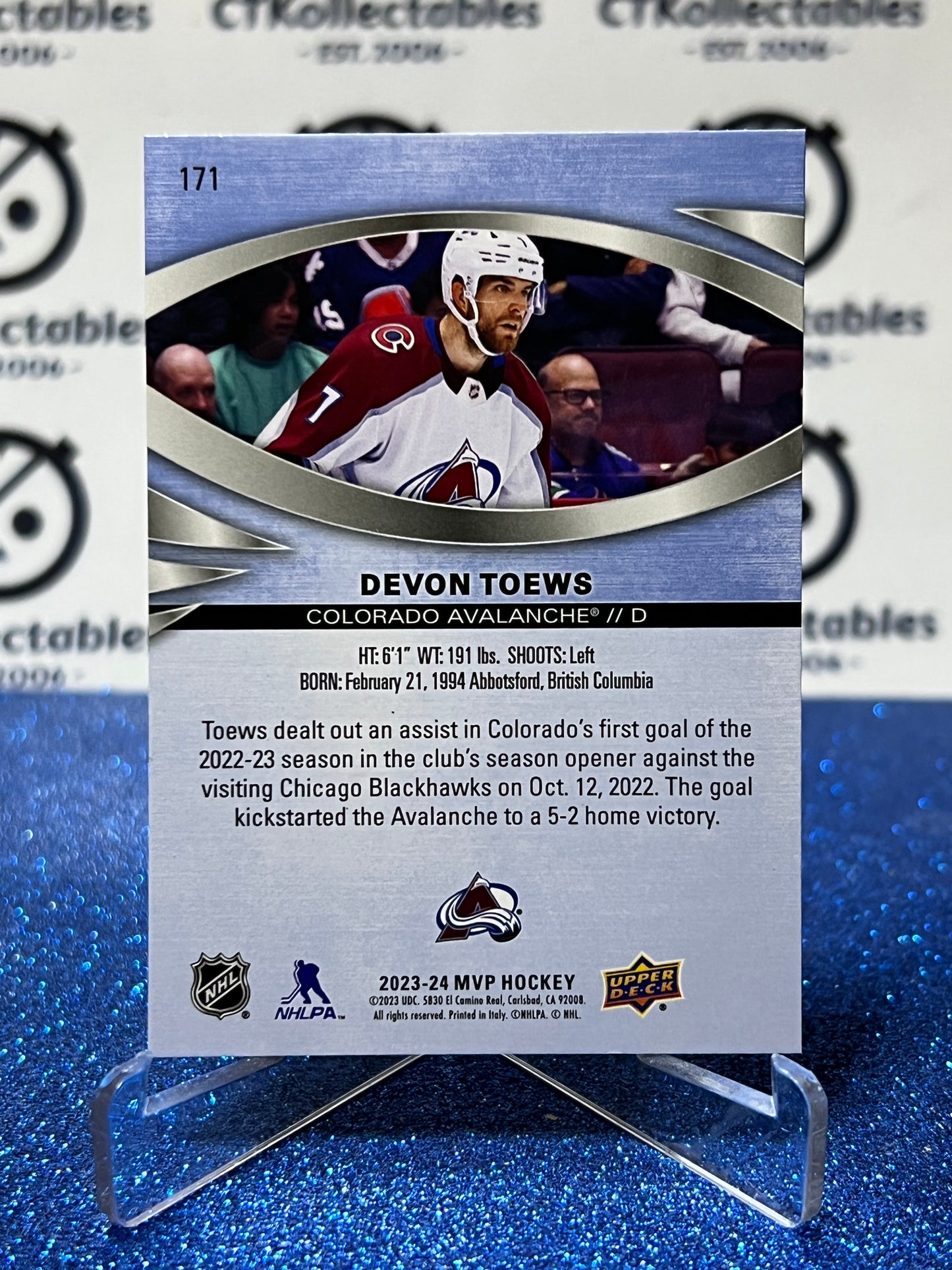 2023-24 UPPER DECK MVP DEVON TOEWS # 171 COLORADO AVALANCHE HOCKEY CARD