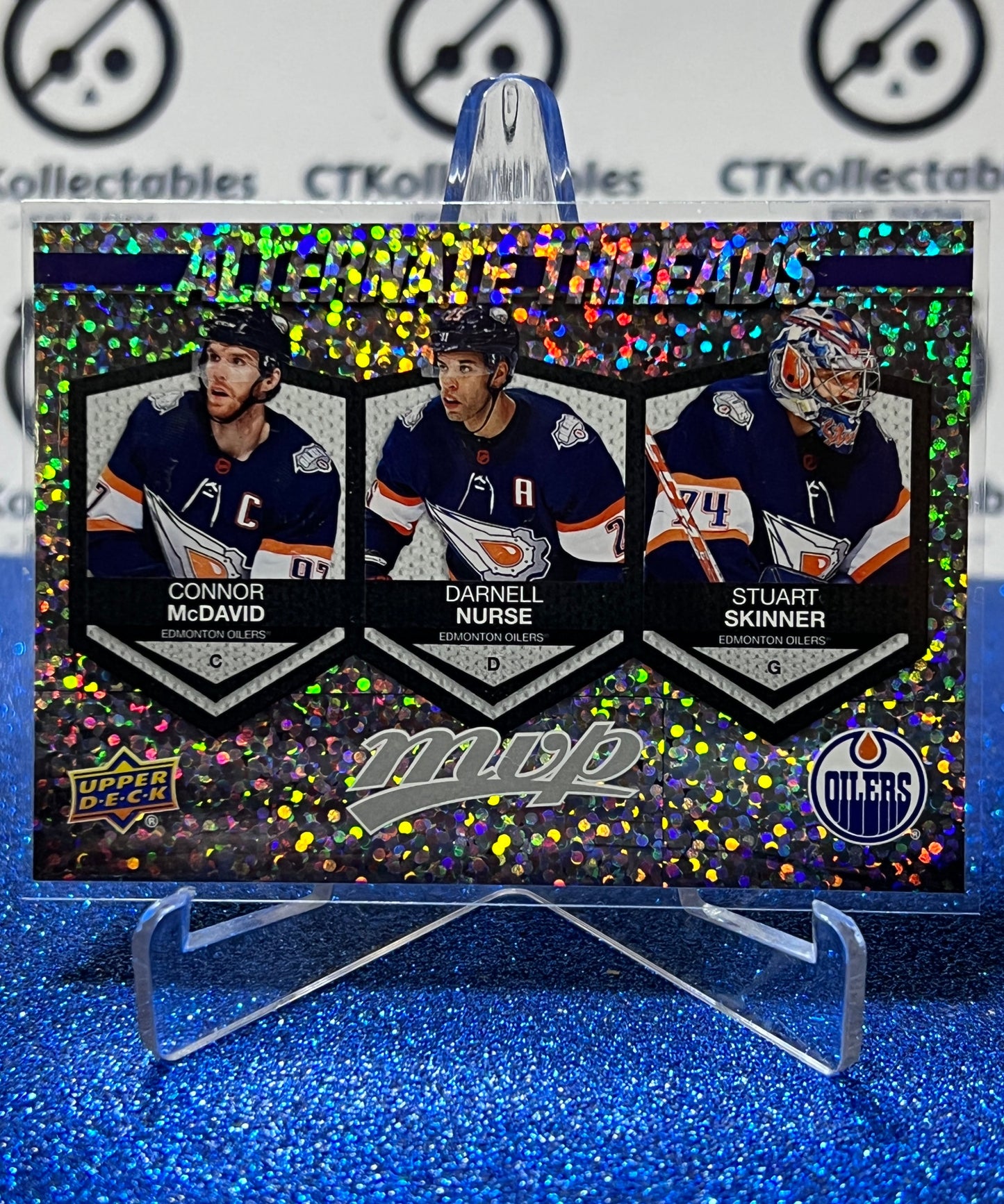 2023-24 UPPER DECK MVP McDAVID NURSE SKINNER # AT-15 ATERNATE THREADS EDMONTON OILERS HOCKEY CARD