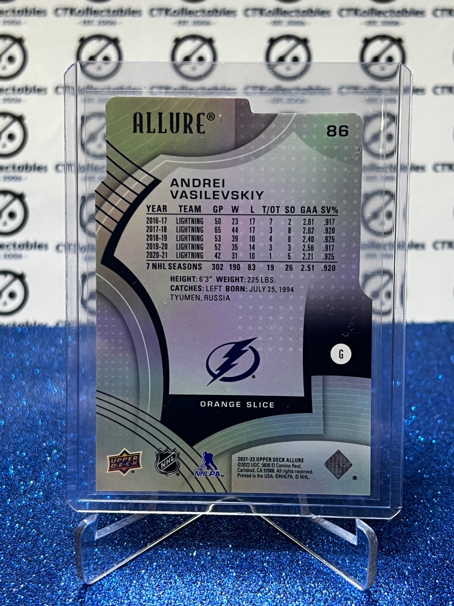 2021-22 UPPER DECK ALLURE ANDREI VASILEVSKIY # 86 ORANGE DIE CUT TAMPA BAY LIGHTNING NHL HOCKEY CARD