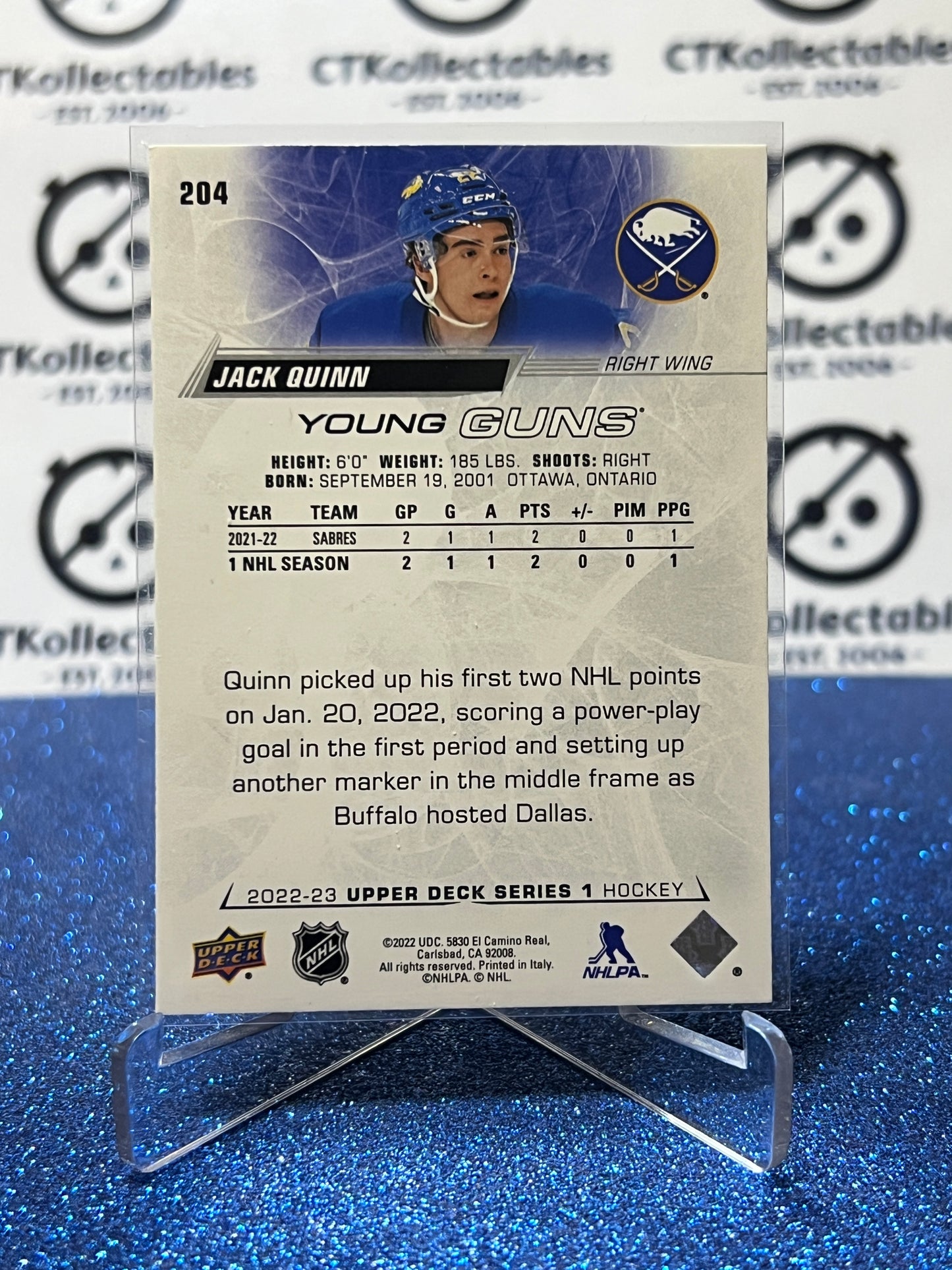 2022-23 UPPER DECK JACK QUINN # 204 YOUNG GUNS RC BUFFALO SABRES HOCKEY CARD