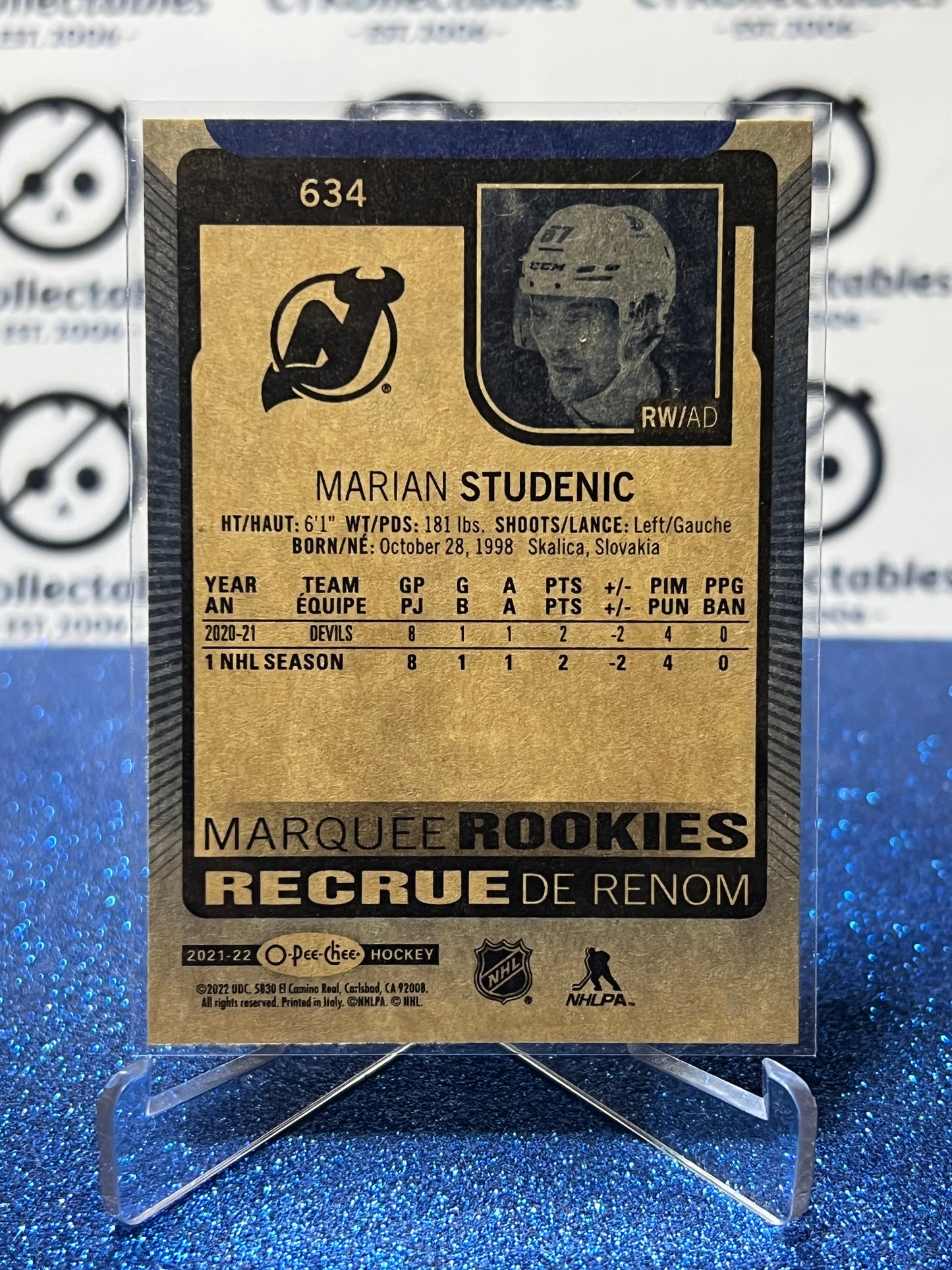2021-22 O-PEE-CHEE MARIAN STUDENIC # 634 MARQUEE ROOKIES NEW JERSEY DEVILS HOCKEY CARD