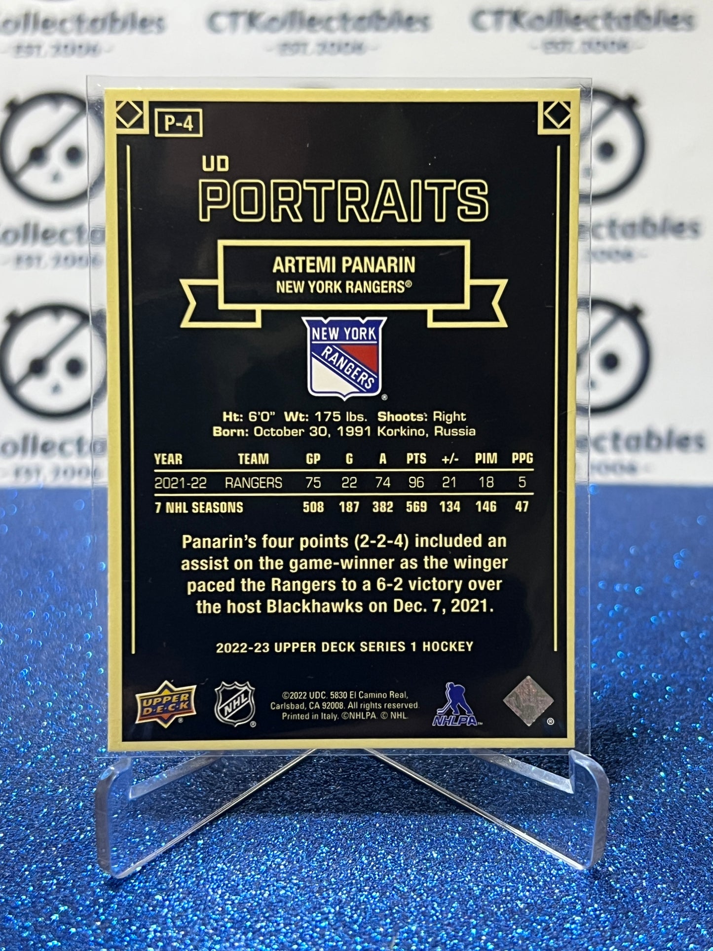 2022-23 UPPER DECK ARTEMI PANARIN # P-4 PORTRAITS NEW YORK RANGERS HOCKEY CARD