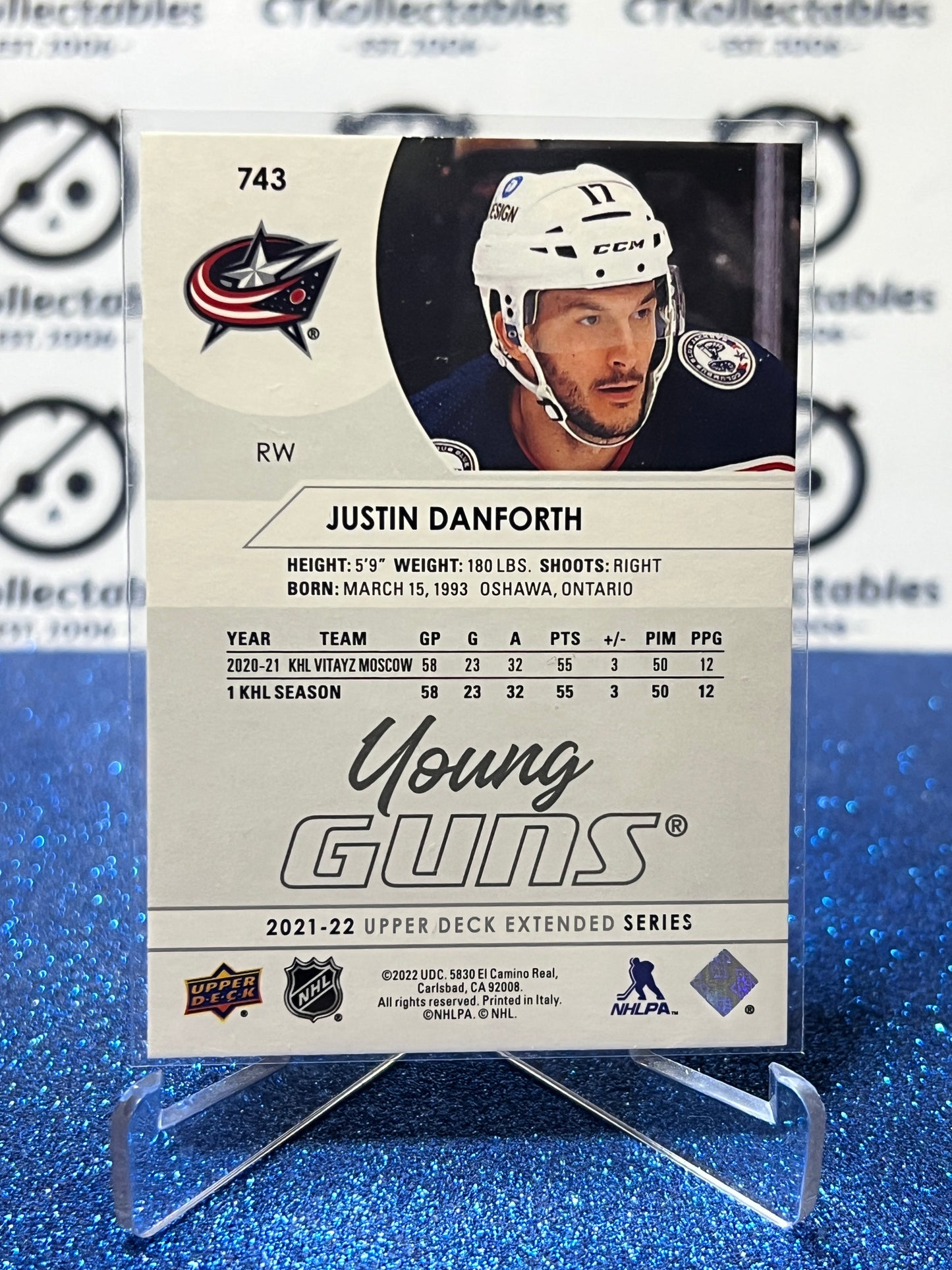 2021-22 UPPER DECK JUSTIN DANFORTH # 743 RC YOUNG GUNS COLUMBUS BLUE JACKETS HOCKEY CARD