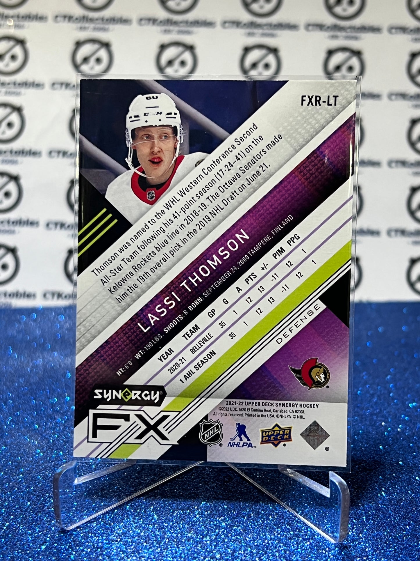 2021-22 UPPER DECK SYNERGY LASSI THOMSON # FXR-LT ORANGE ROOKIE /449 OTTAWA SENATORS HOCKEY CARD