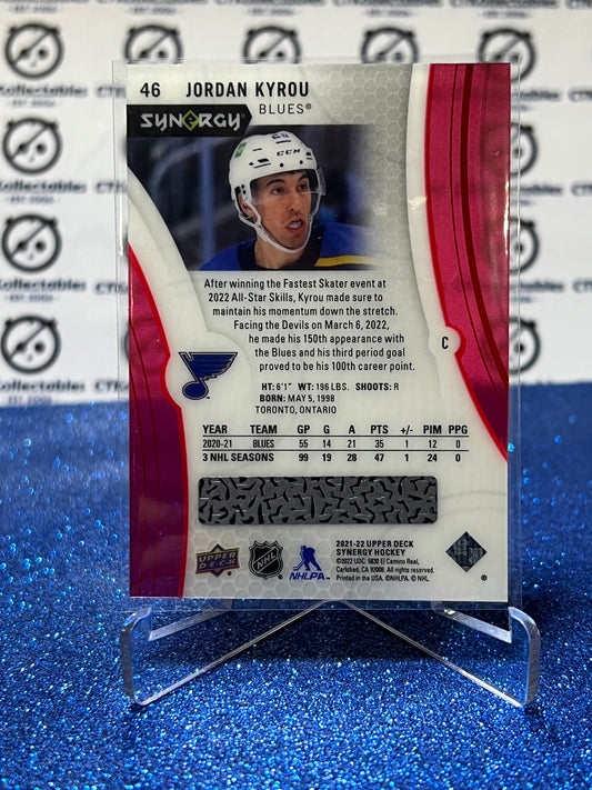 2021-22 UPPER DECK SYNERGY JORDON KYROU # 46 RED BOUNTY ST. LOUIS BLUES HOCKEY CARD