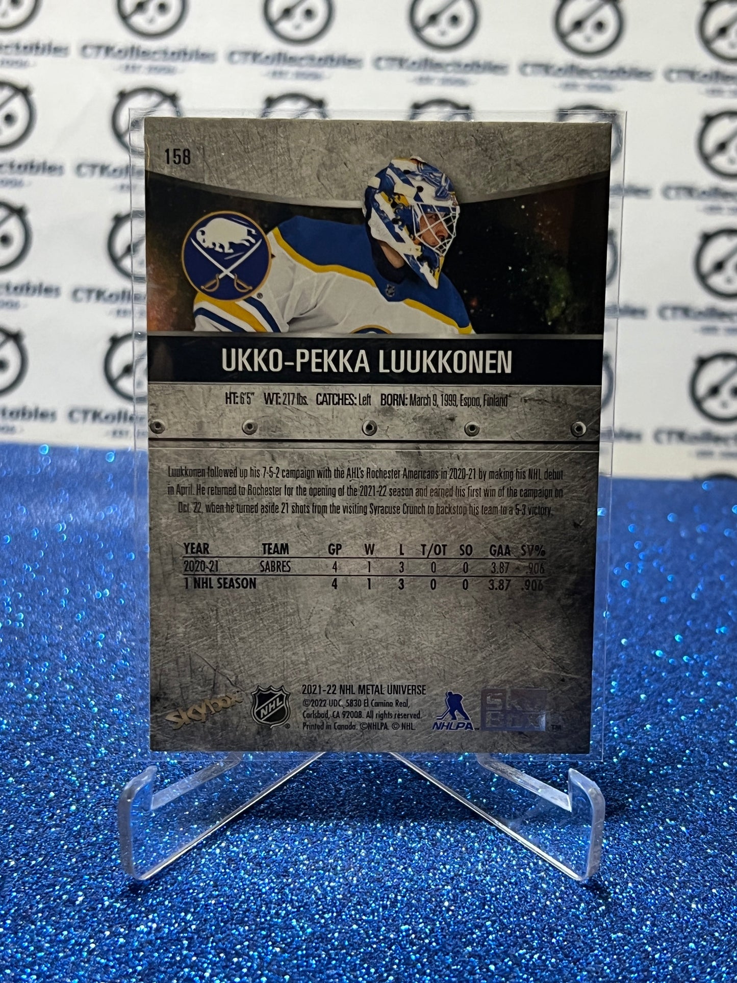 2021-22 SKYBOX METAL UKKO-PEKKA LUUKKONEN # 158 ROOKIE BUFFALO SABRES NHL HOCKEY CARD