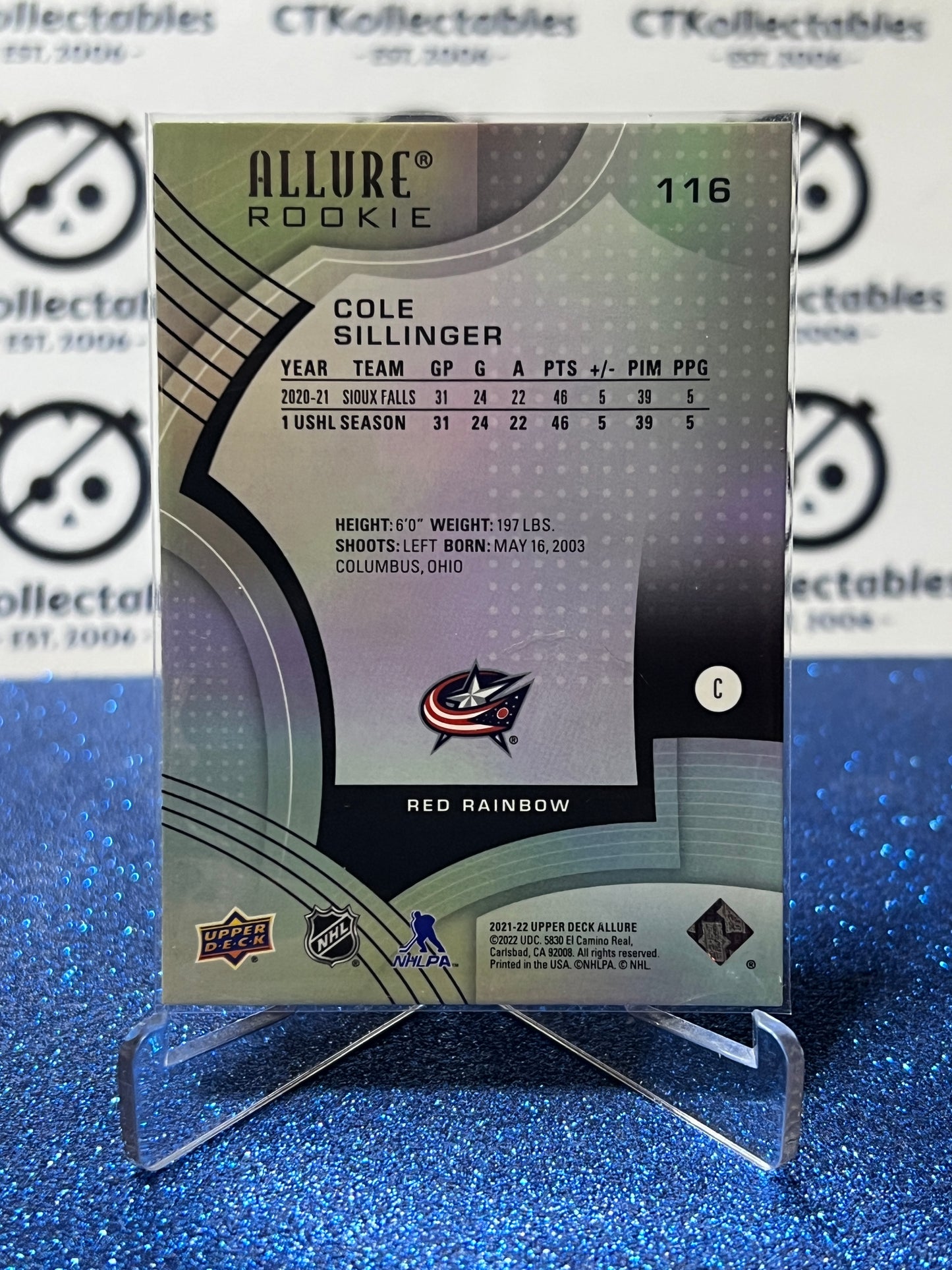2021-22 UPPER DECK ALLURE COLE SILLINGER # 116 RC RED COLUMBUS BLUE JACKETS NHL HOCKEY CARD