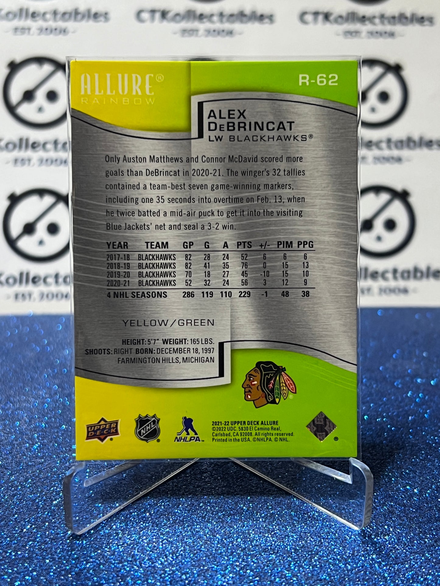 2021-22 UPPER DECK ALLURE ALEX DEBRINCAT # R-62 YELLOW/GREEN CHICAGO BLACKHAWKS NHL HOCKEY CARD