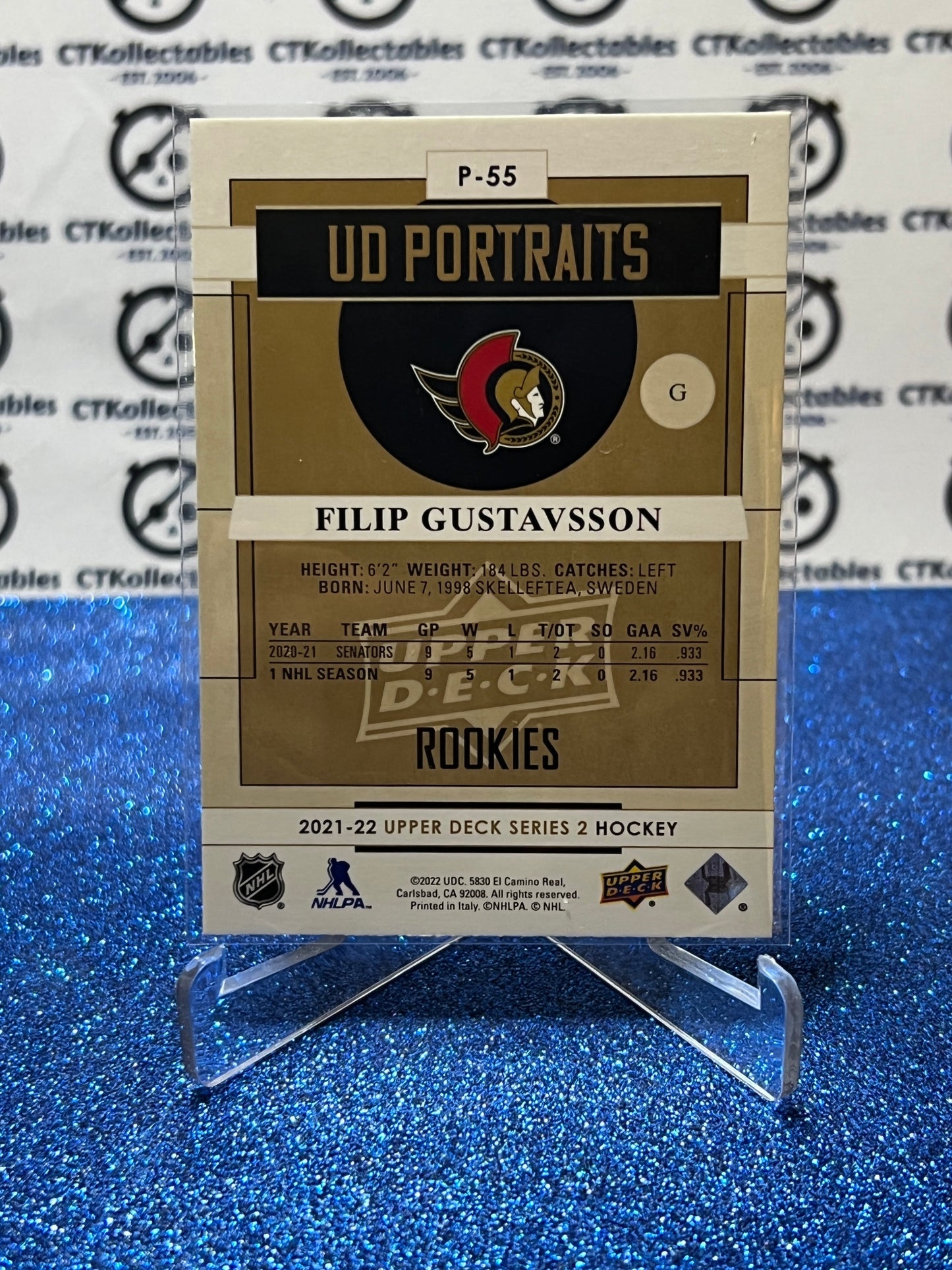 2021-22 UPPER DECK FILIP GUSTAVSSON # P-55 ROOKIE UD PORTRAITS OTTAWA SENATORS HOCKEY CARD