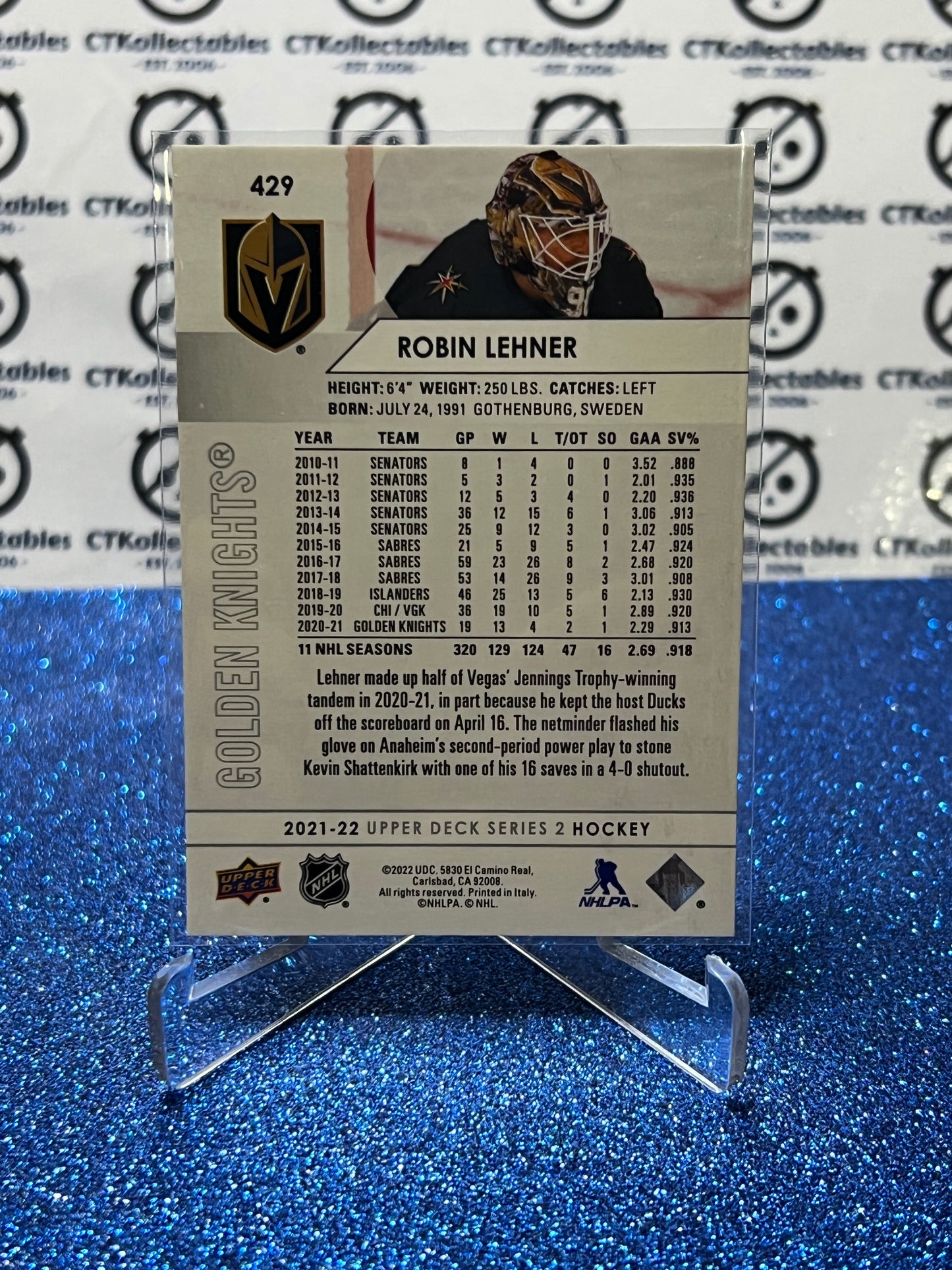 2021-22 UPPER DECK ROBIN LEHNER # 429 VEGAS GOLDEN KNIGHTS HOCKEY CARD