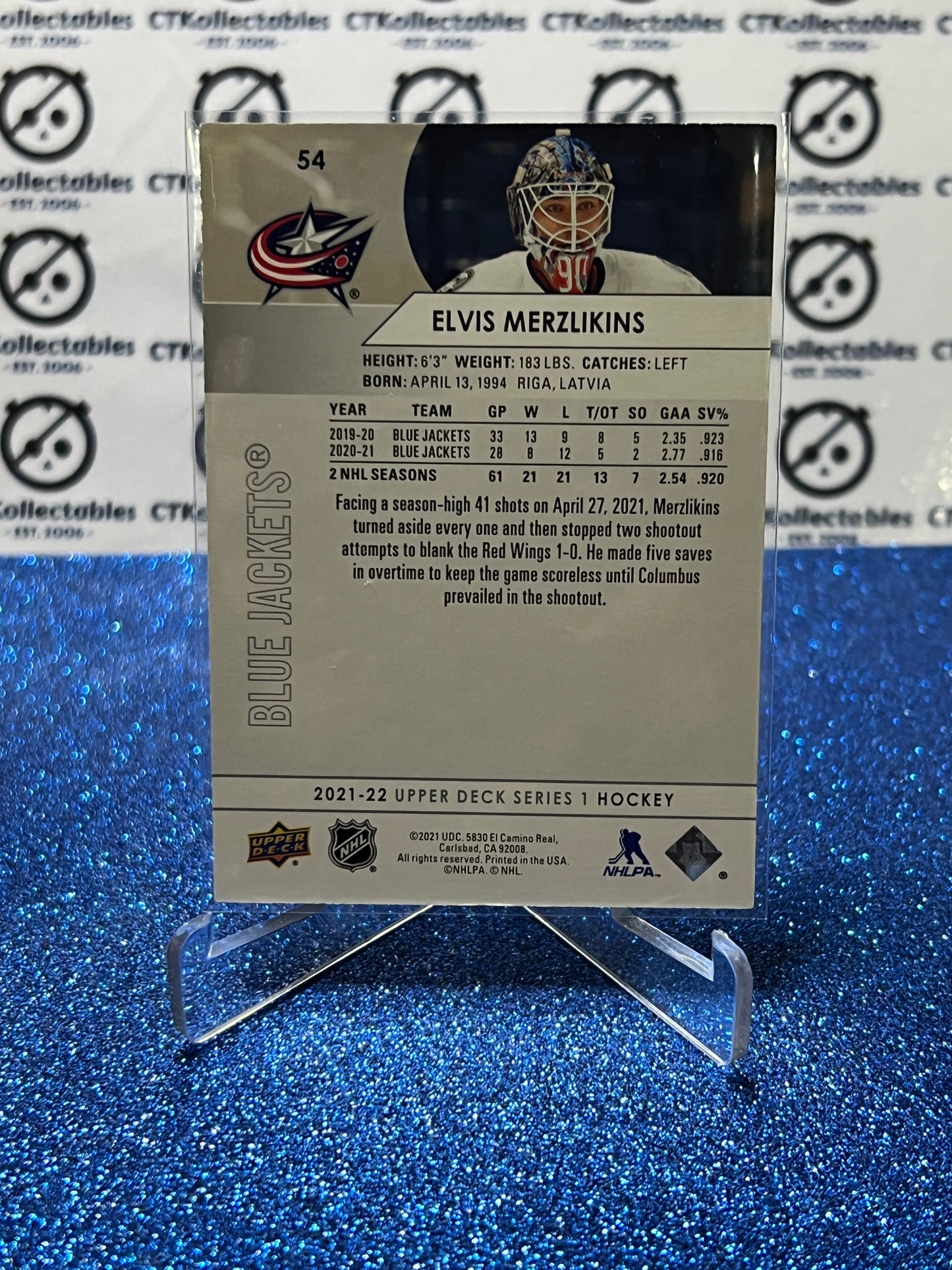 2021-22 UPPER DECK ELVIS MERZLIKINS # 54 COLUMBUS BLUE JACKETS HOCKEY CARD