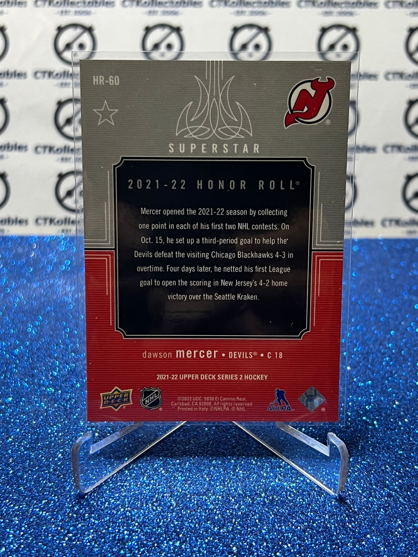 2021-22 UPPER DECK DAWSON MERCER # HR-60 ROOKIE NEW JERSEY DEVILS HOCKEY CARD