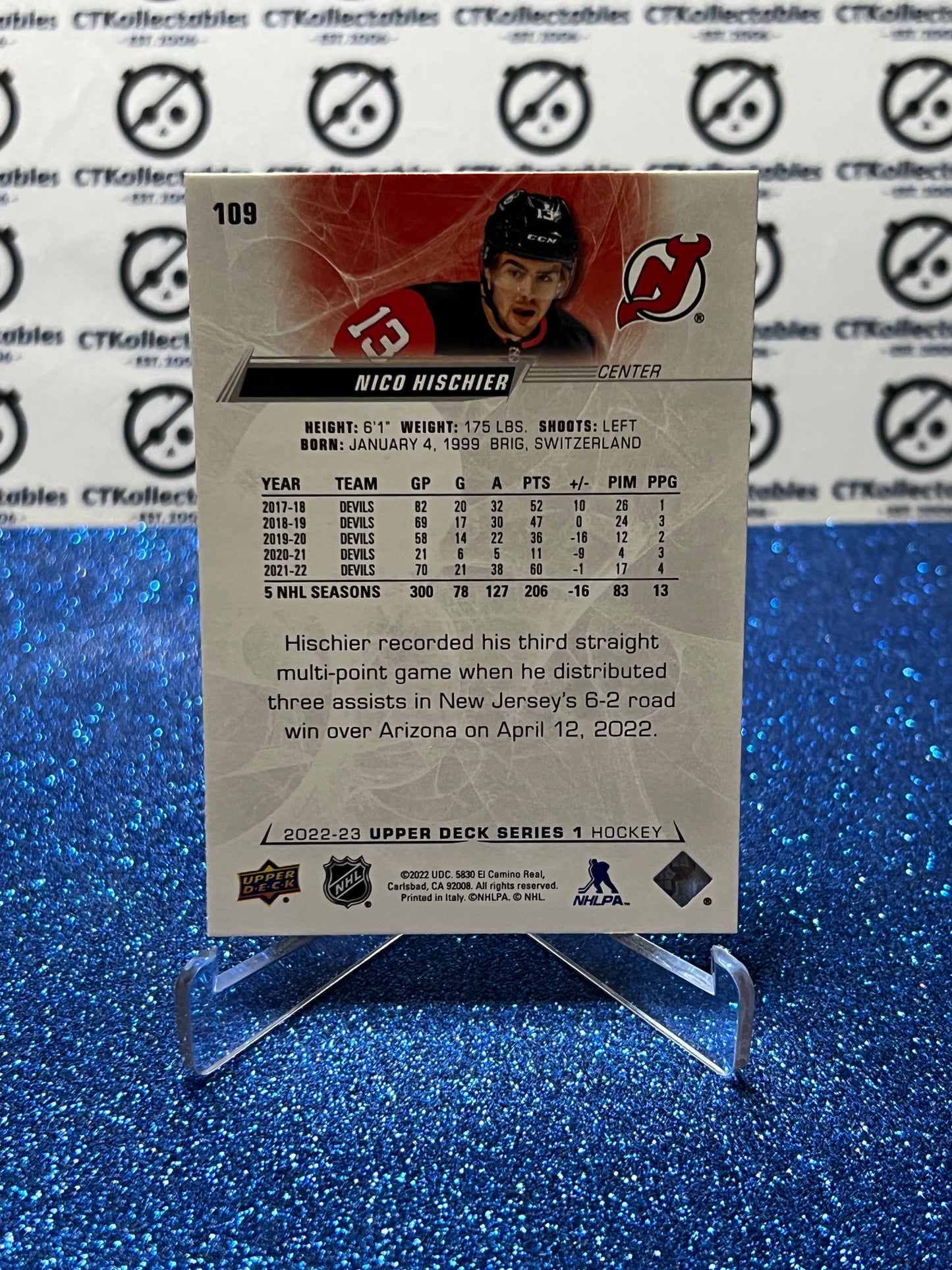 2022-23 UPPER DECK NICO HISCHIER # 109 NEW JERSEY DEVILS HOCKEY CARD