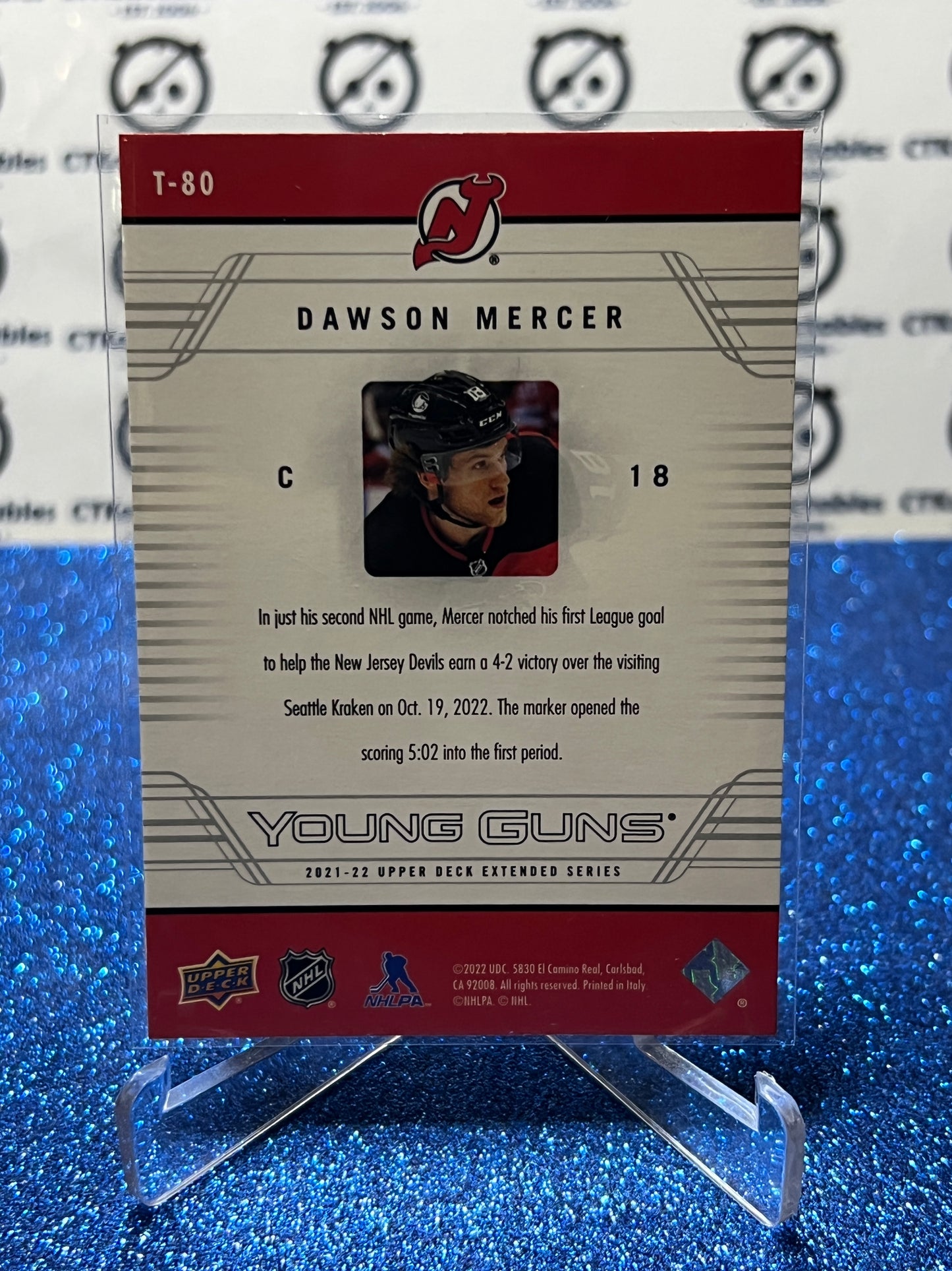 2021-22 UPPER DECK DAWSON MERCER # T-80 YOUNG GUNS ROOKIE NEW JERSEY DEVILS HOCKEY CARD
