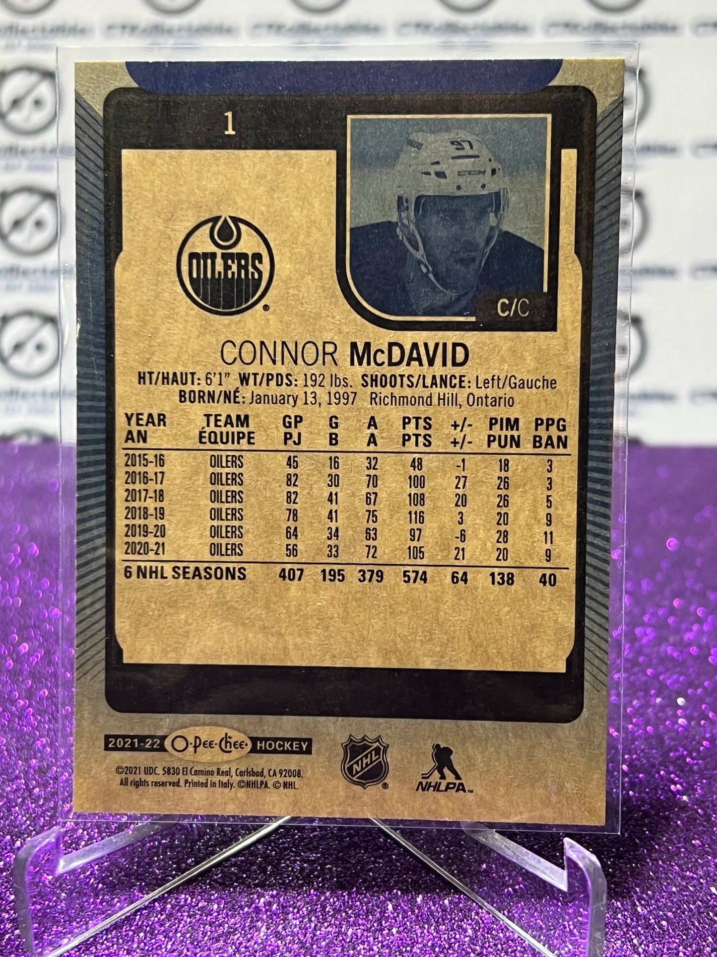 2021-22 O-PEE-CHEE CONNOR McDAVID # 1 BLUE PARALLEL EDMONTON OILERS HOCKEY NHL CARD