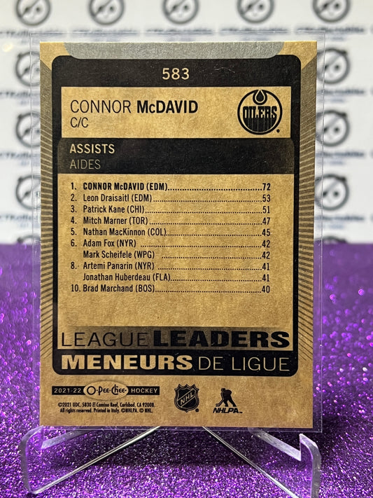 2021-22 O-PEE-CHEE CONNOR McDAVID # 583 LEAGUE LEADERS EDMONTON OILERS HOCKEY NHL CARD
