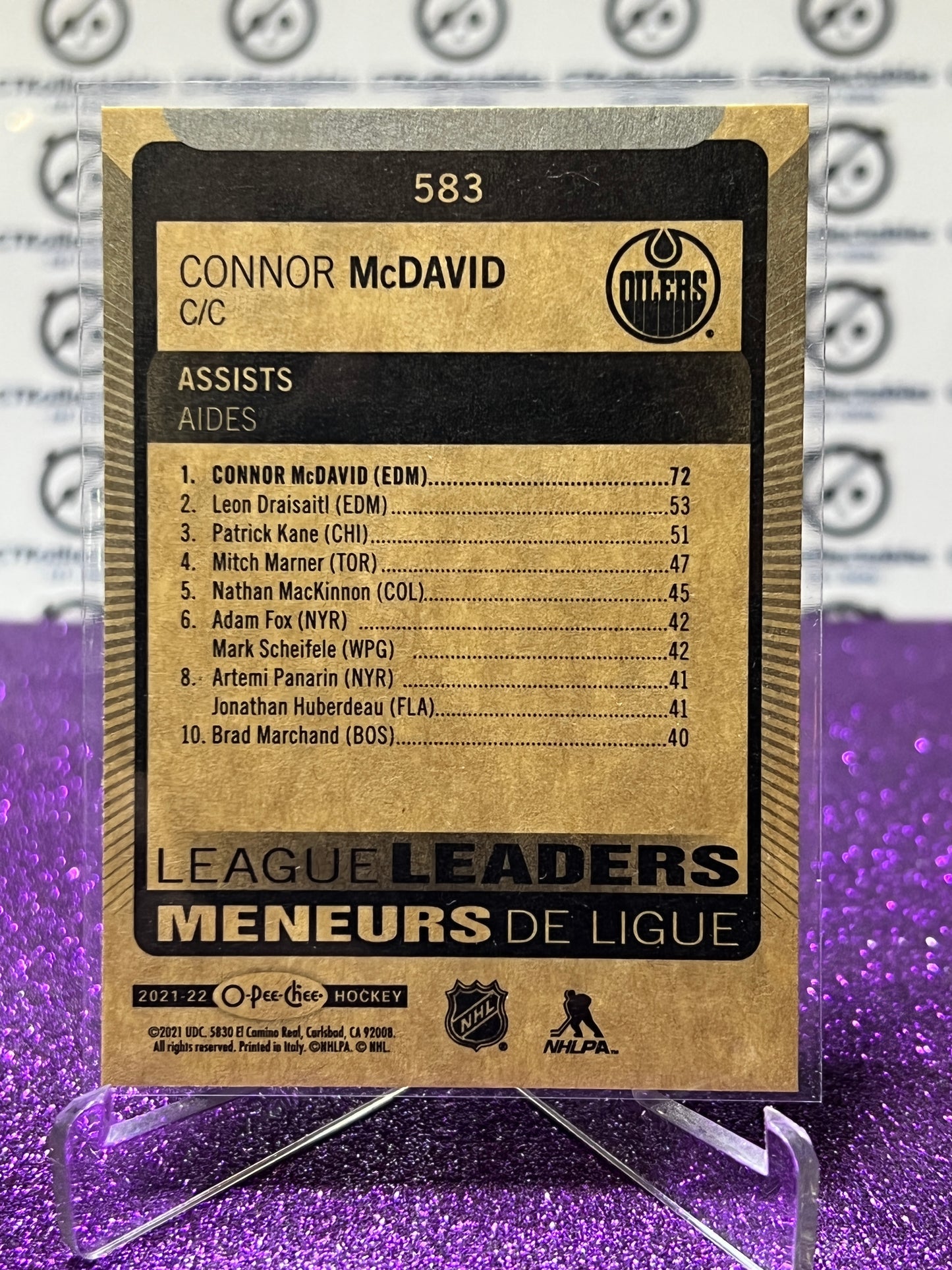 2021-22 O-PEE-CHEE CONNOR McDAVID # 583 LEAGUE LEADERS EDMONTON OILERS HOCKEY NHL CARD