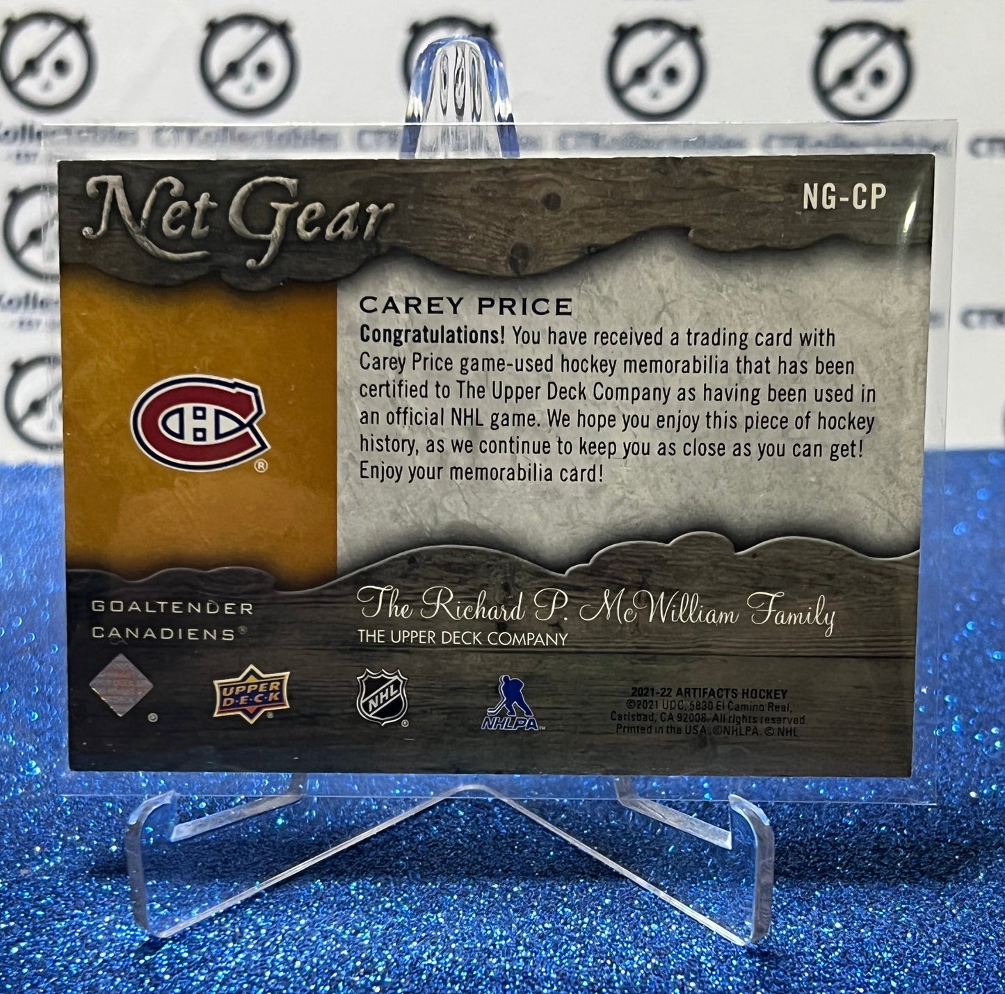 2021-22 UPPER DECK ARTIFACTS CAREY PRICE # NG-CP NET GEAR MONTREAL CANADIENS HOCKEY CARD