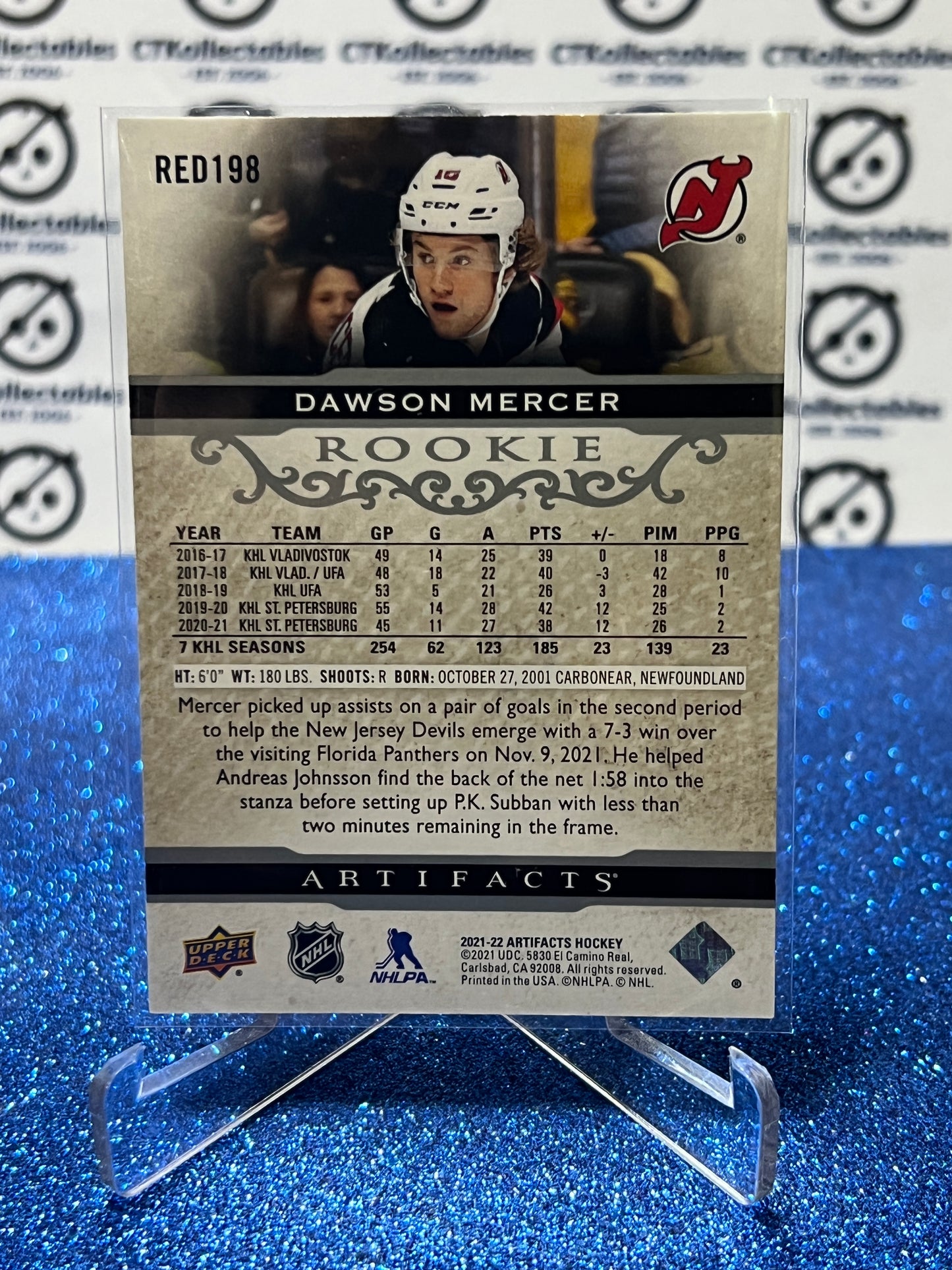 2021-22 UPPER DECK ARTIFACTS DAWSON MERCER # RED198 ROOKIE /499 NEW JERSEY DEVILS HOCKEY CARD