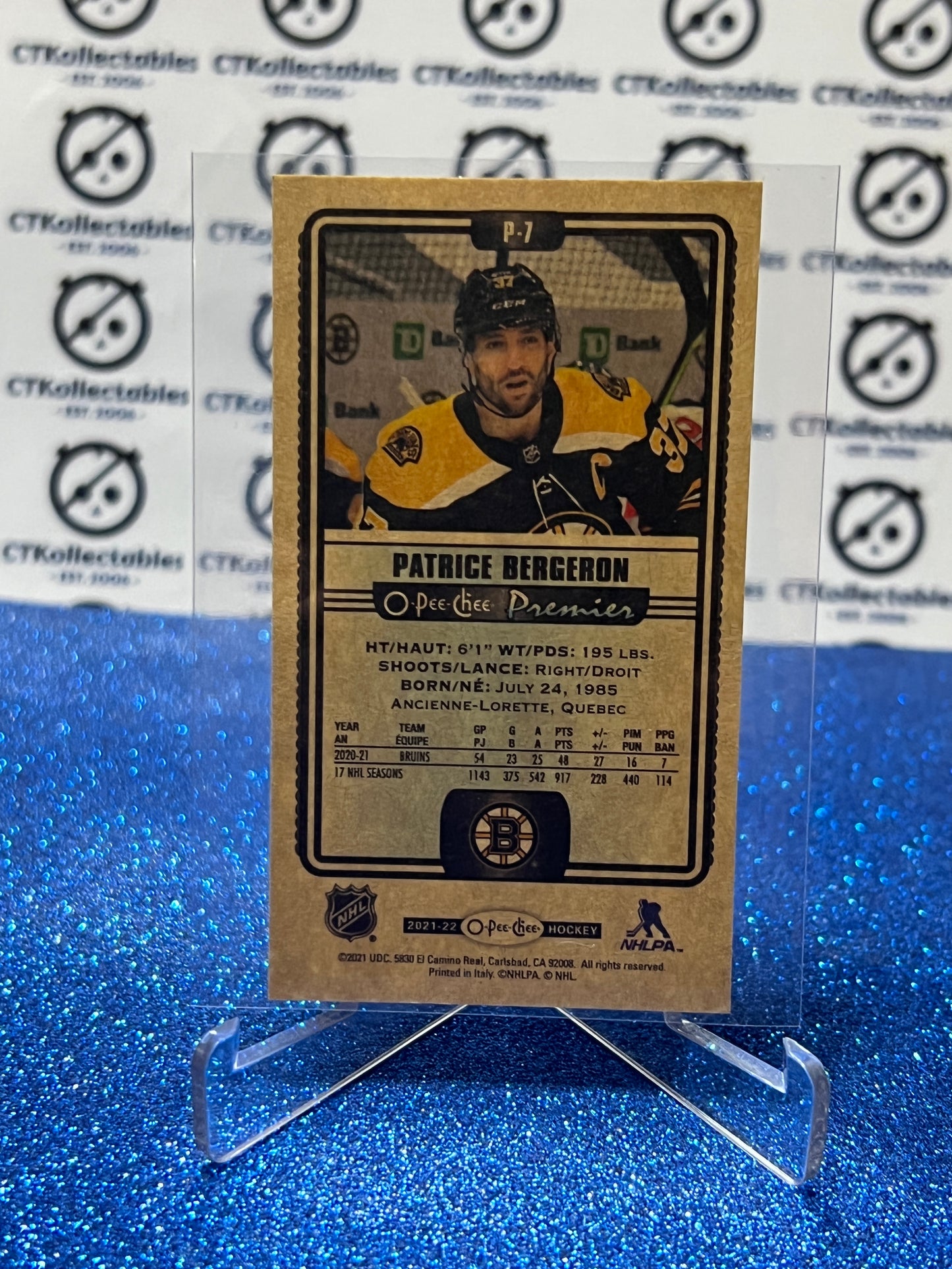 2021-22 O-PEE-CHEE PREMIER PATRICE BERGERON # P-7 TALL BOYS BOSTON BRUINS NHL HOCKEY CARD