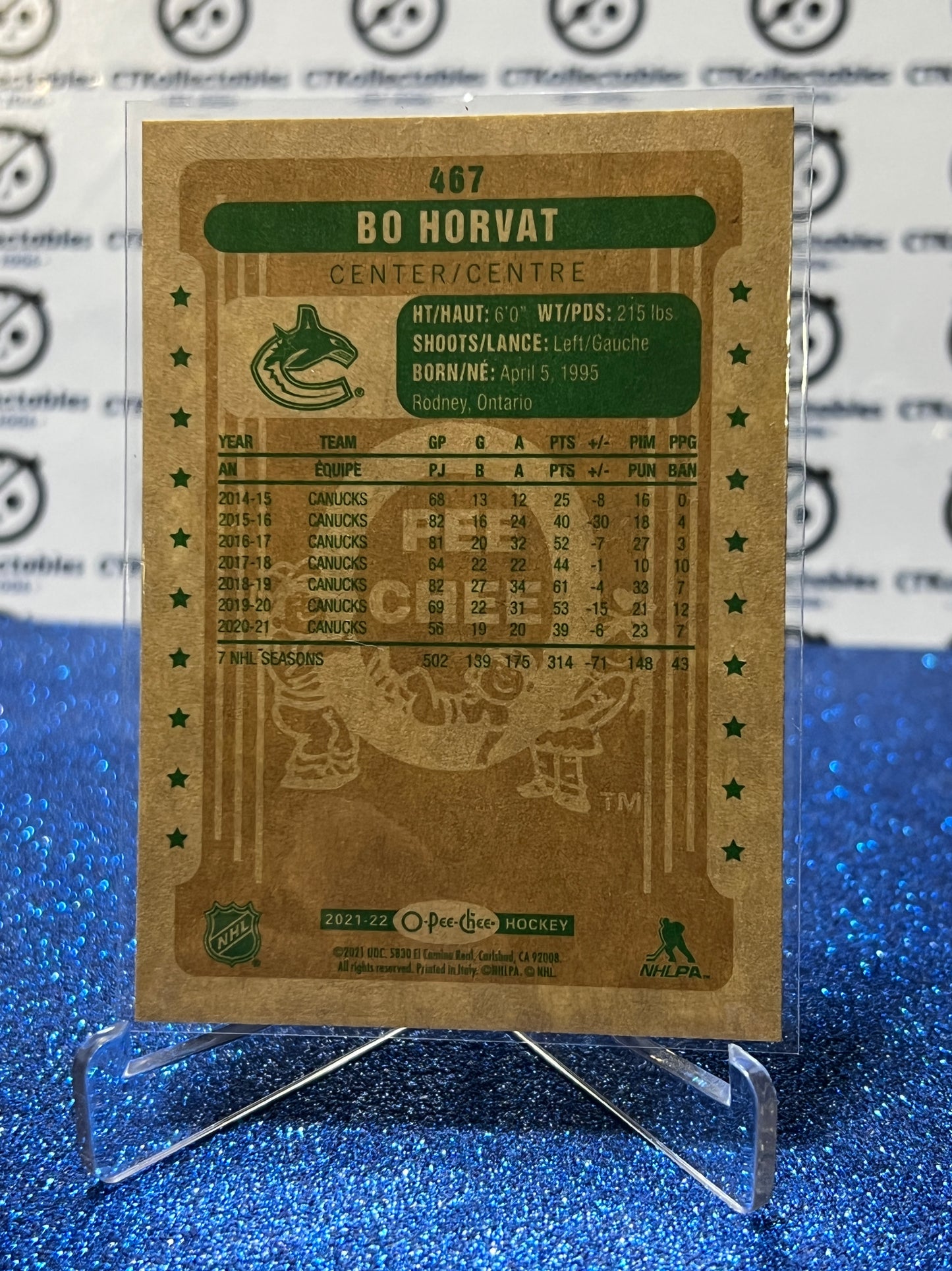 2021-22 O-PEE-CHEE BO HORVAT # 467 RETRO VANCOUVER CANUCKS NHL HOCKEY TRADING CARD