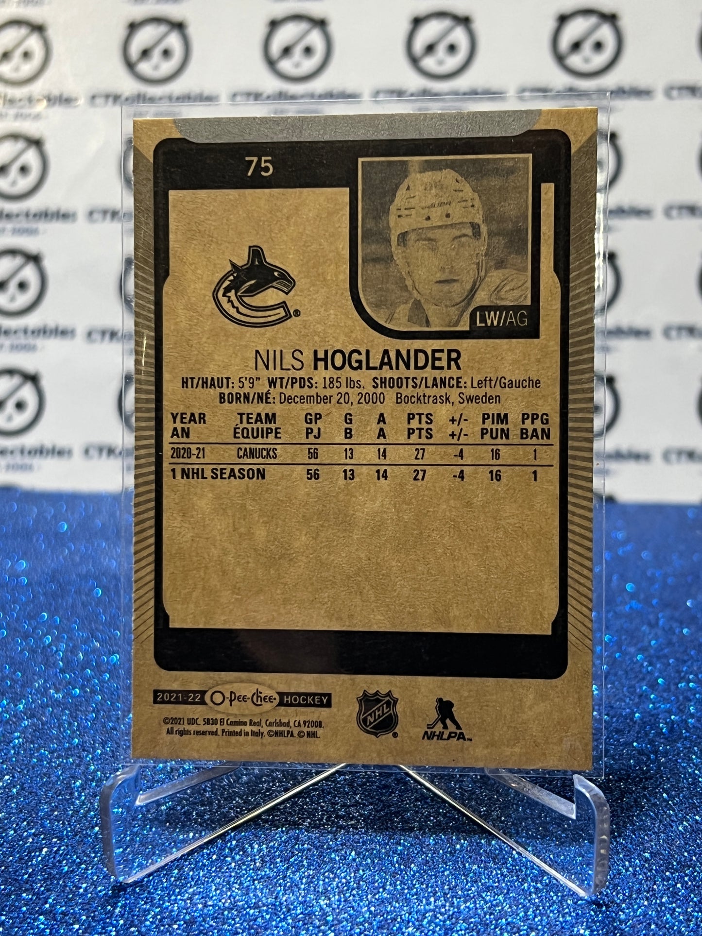 2021-22 O-PEE-CHEE NILS HOGLANDER # 75 ROOKIE VANCOUVER CANUCKS NHL HOCKEY TRADING CARD