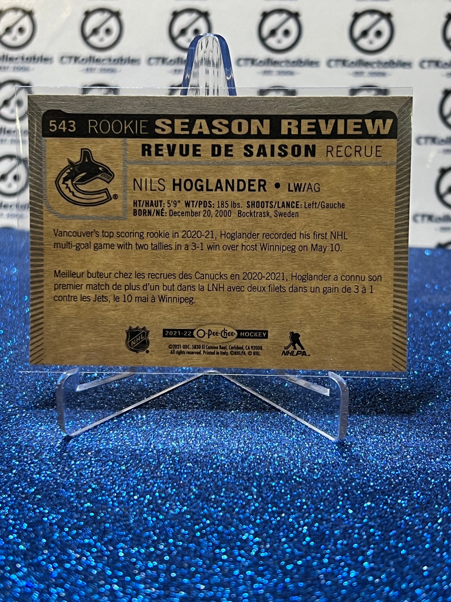 2021-22 O-PEE-CHEE NILS HOGLANDER # 543 ROOKIE SEASON REVIEW VANCOUVER CANUCKS NHL HOCKEY TRADING CARD