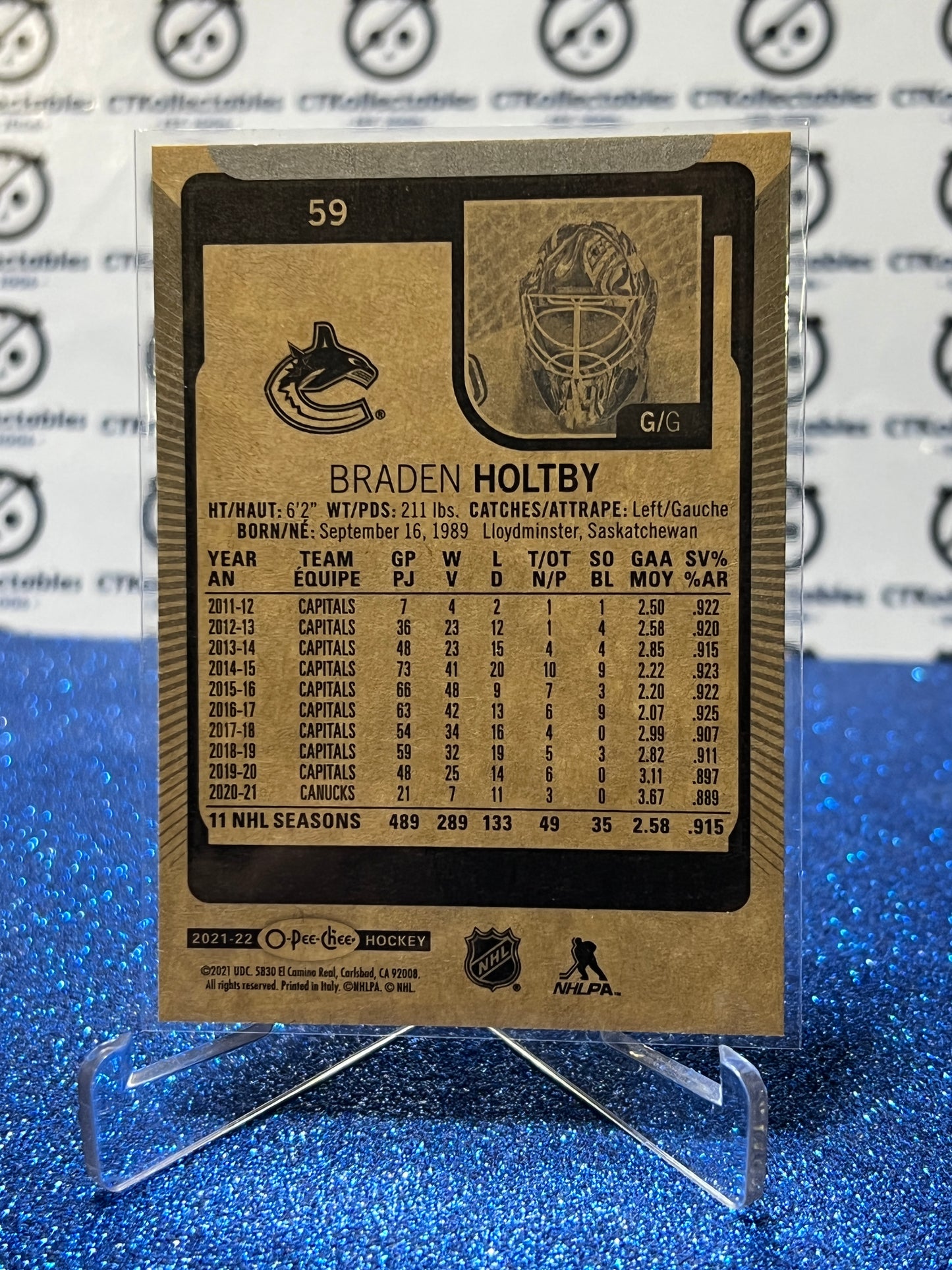 2021-22 O-PEE-CHEE BRADEN HOLTBY # 59 VANCOUVER CANUCKS NHL HOCKEY TRADING CARD