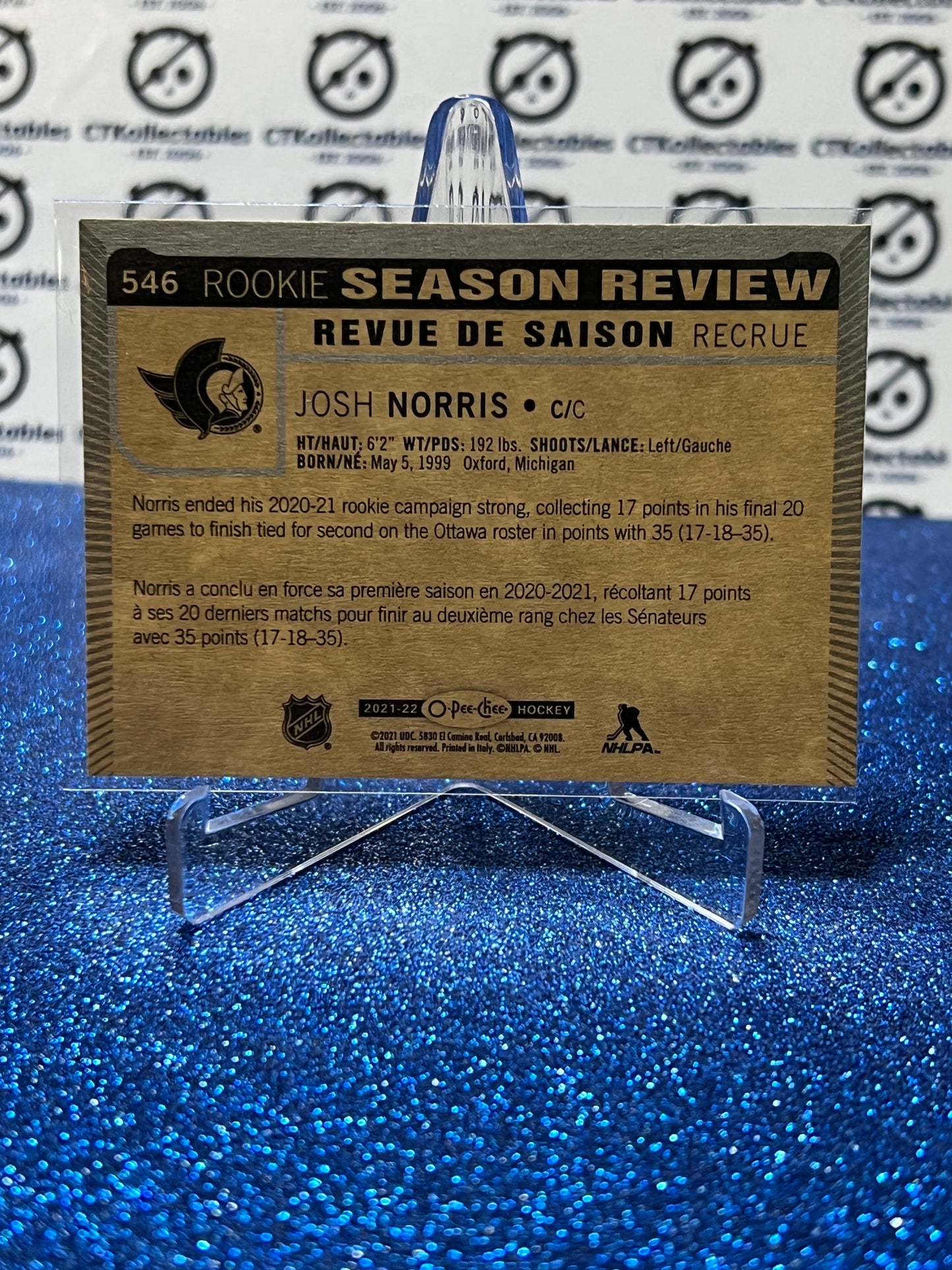 2021-22 O-PEE-CHEE JOSH NORRIS # 546 ROOKIE SEASON REVIEW OTTAWA SENATORS NHL HOCKEY TRADING CARD