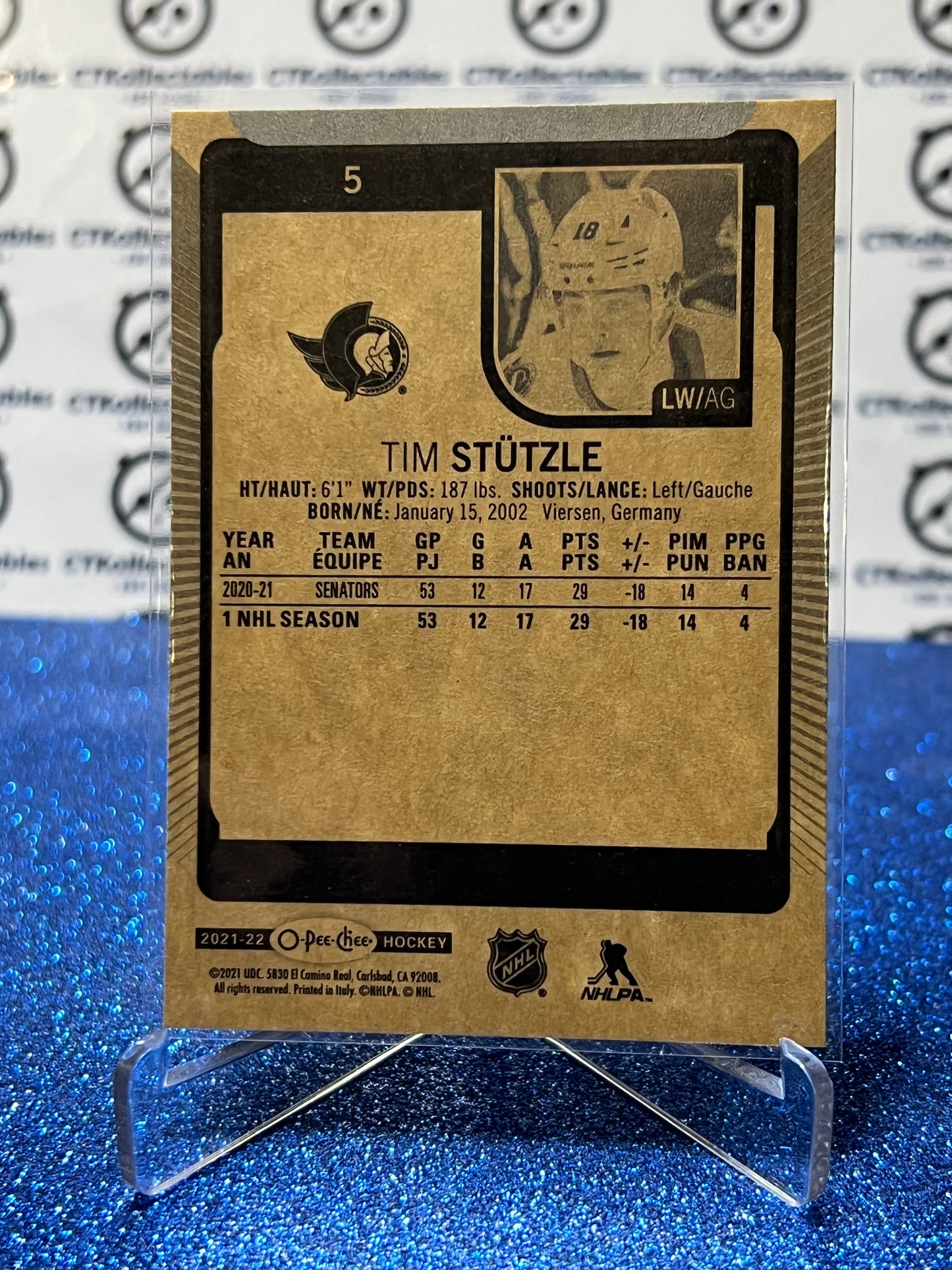 2021-22 O-PEE-CHEE TIM STUTZLE # 5 ROOKIE OTTAWA SENATORS NHL HOCKEY TRADING CARD