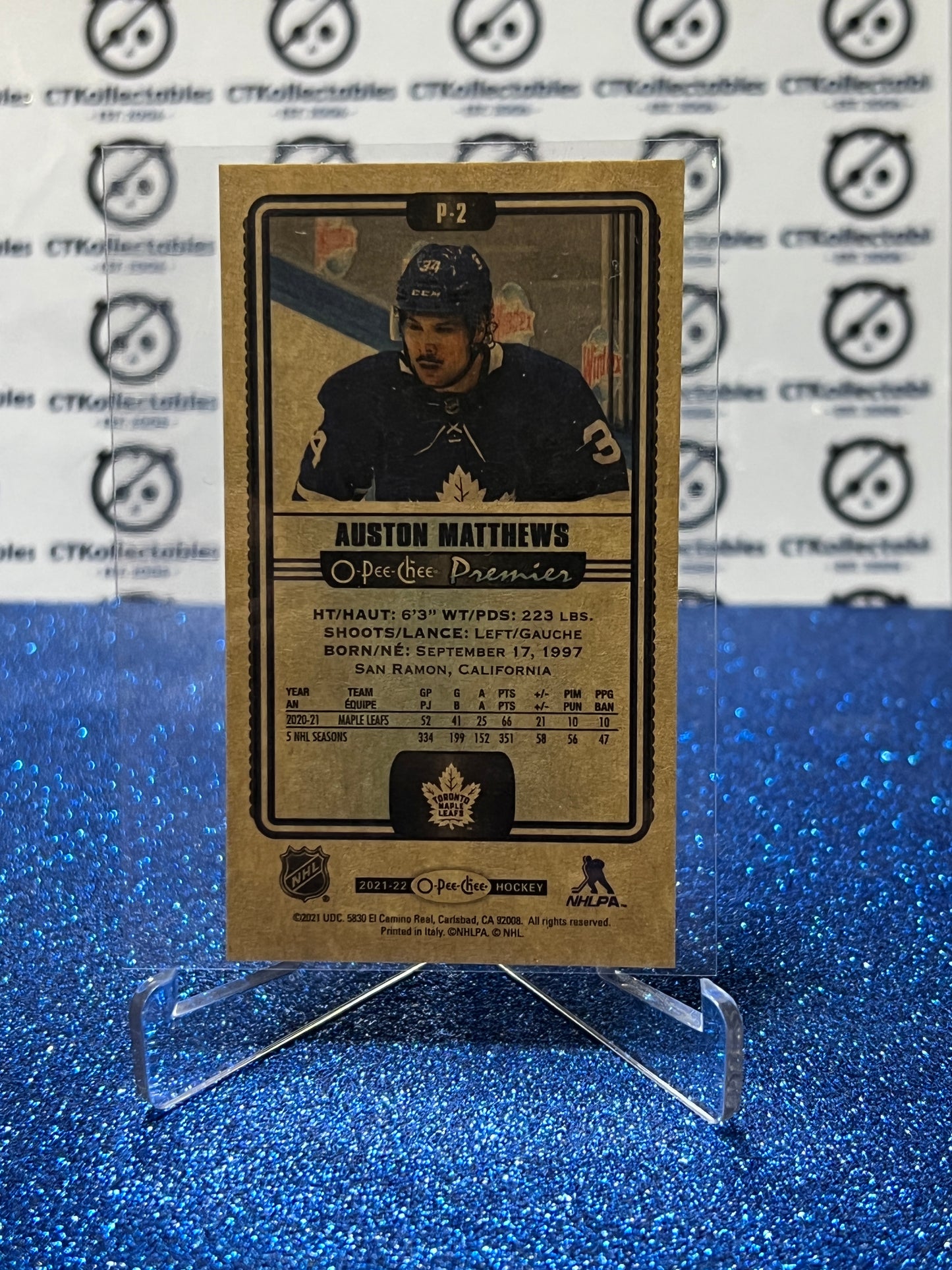 2021-22 O-PEE-CHEE PREMIER AUSTON MATTHEWS # P-2 TALLBOYS TORONTO MAPLE LEAFS NHL HOCKEY TRADING CARD