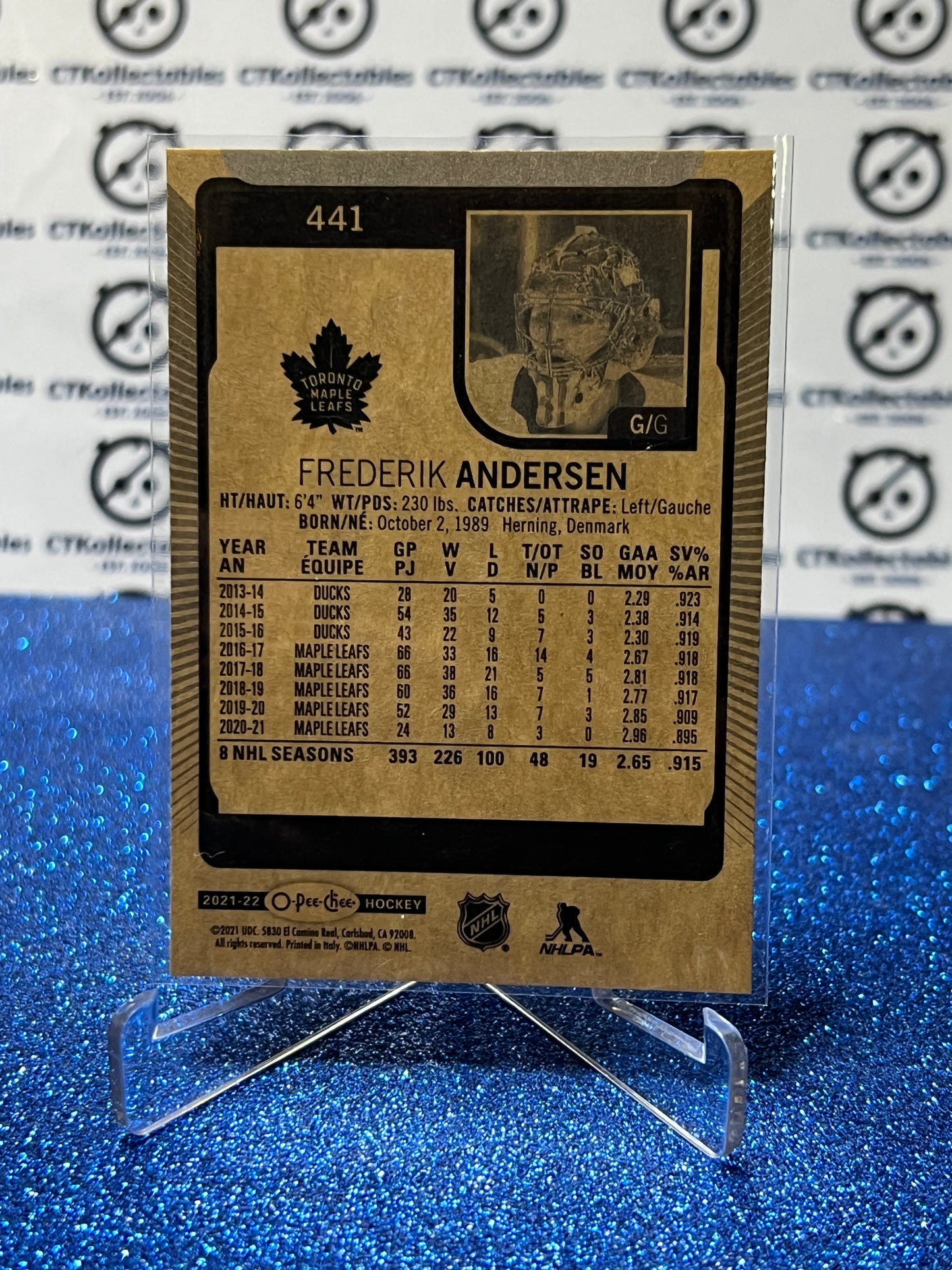 2021-22 O-PEE-CHEE FREDERIK ANDERSEN # 441 TORONTO MAPLE LEAFS NHL HOCKEY TRADING CARD