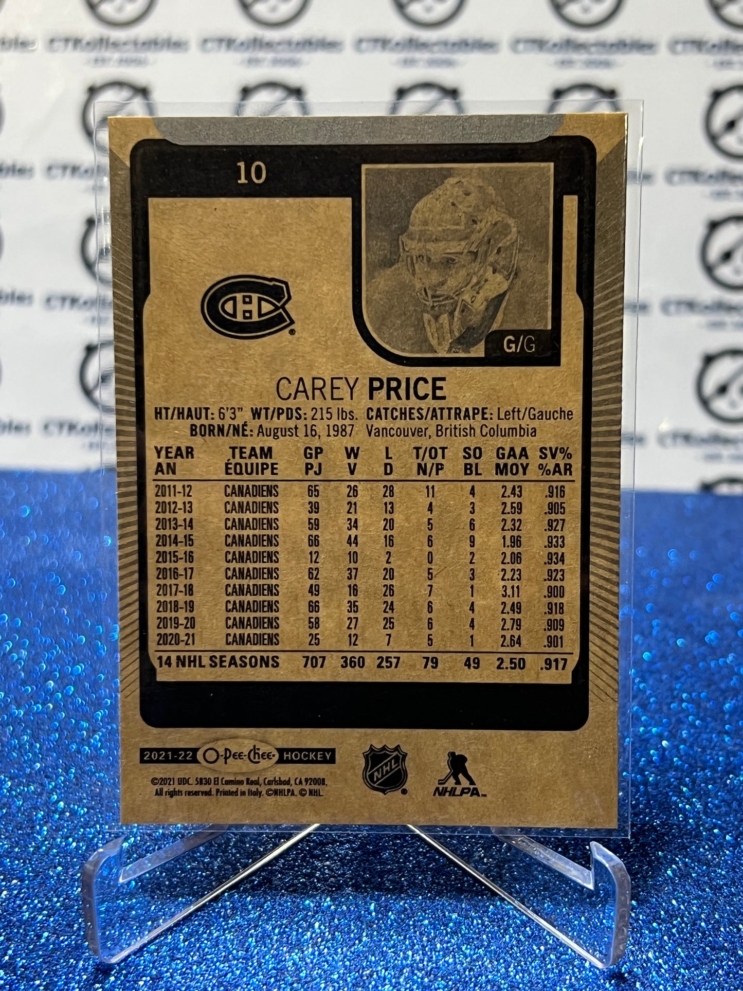 2021-22 O-PEE-CHEE CAREY PRICE # 10 MONTREAL CANADIENS HOCKEY CARD