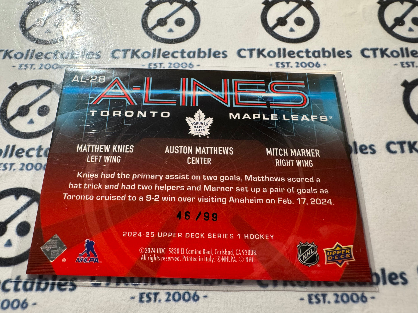 2024-25 Upper Deck Hockey Knies/Matthews/Marner A-Lines #46/99 Red Leafs AC-28