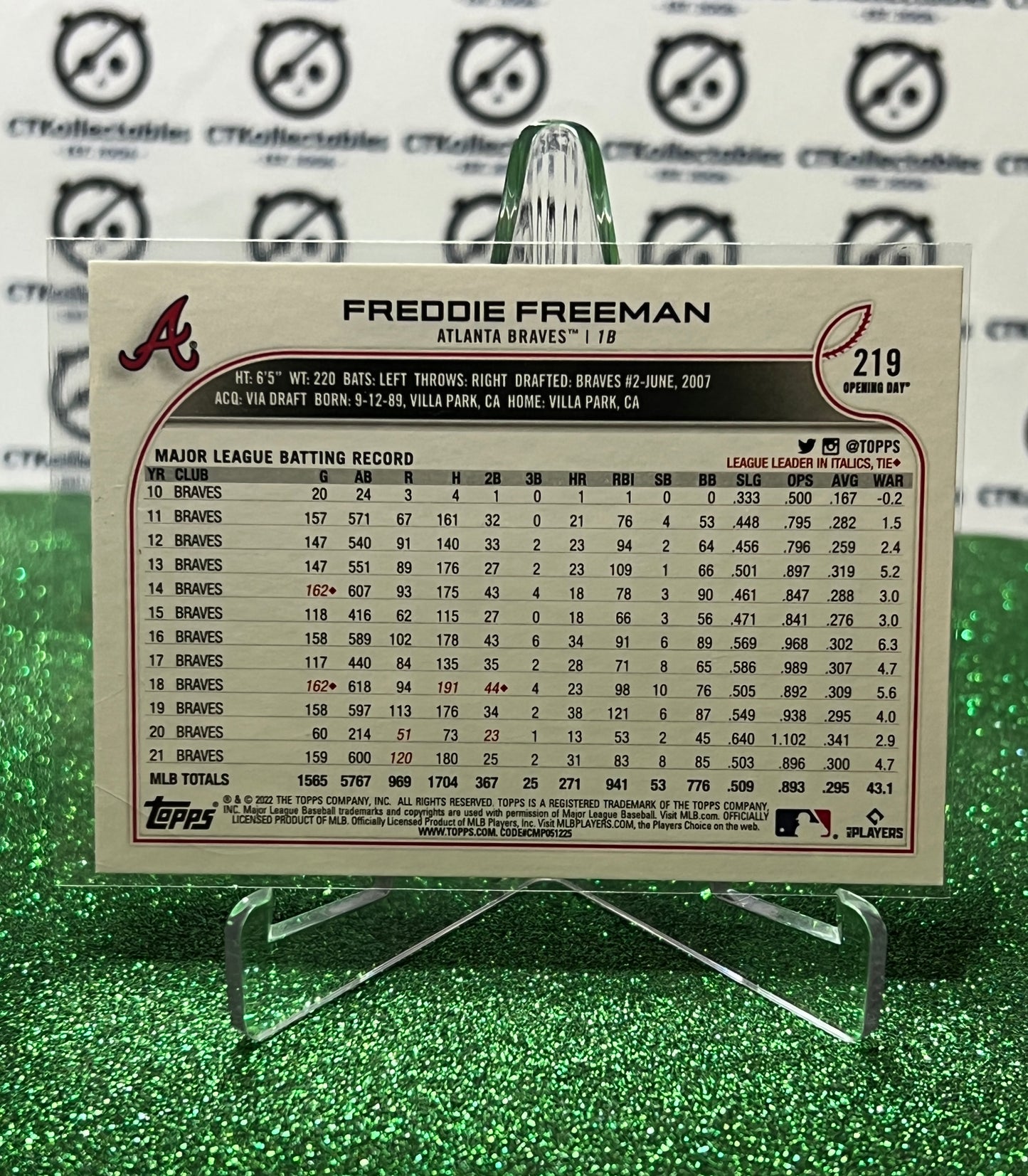 2022 TOPPS OPENING DAY BASEBALL FREDDIE FREEMAN # 219 ATLANTA BRAVES CARD