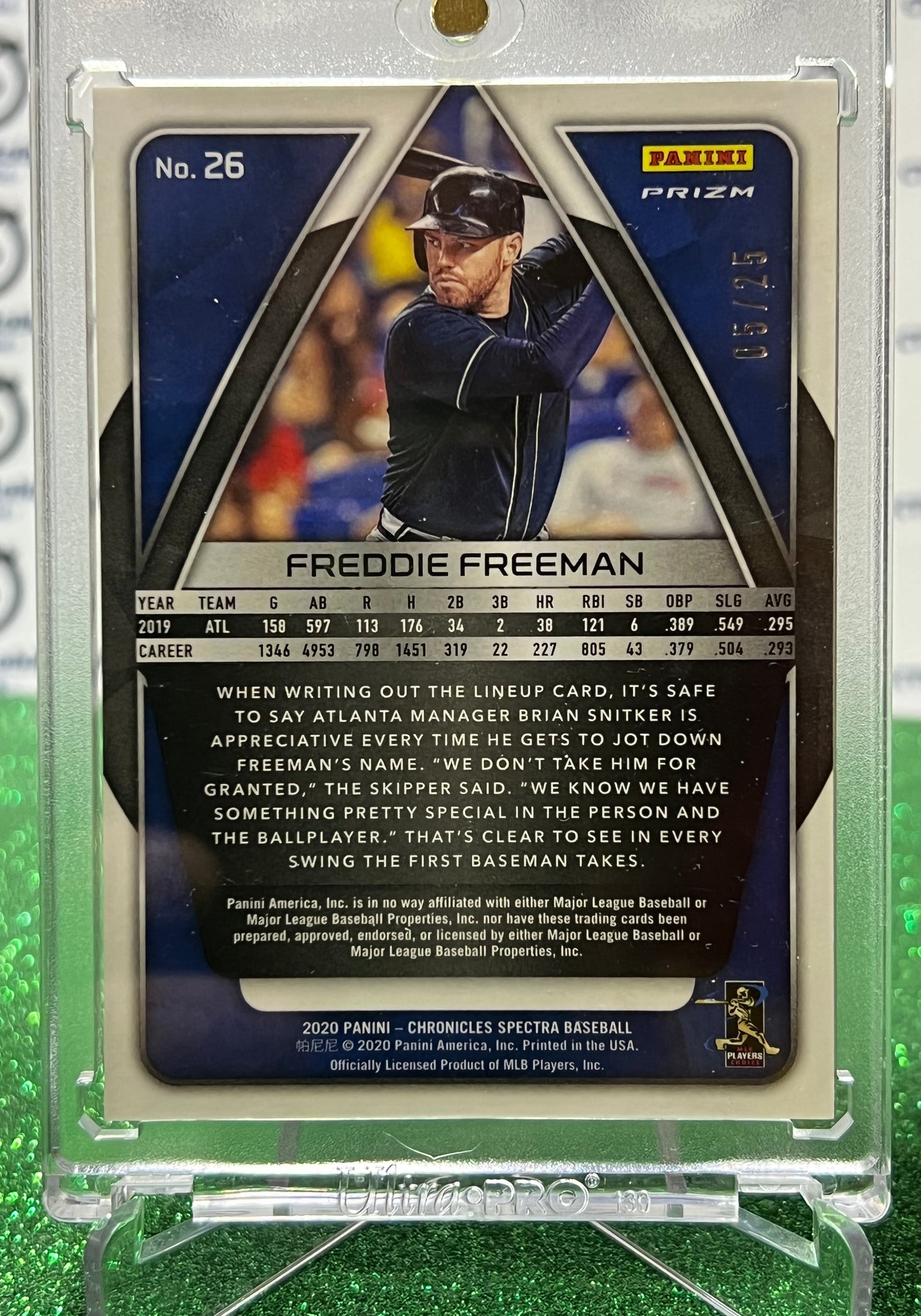 2020 PANINI SPECTRA BASEBALL FREDDIE FREEMAN # 26 JERSEY NUMBERED 05/25 PRIZM ATLANTA BRAVES / L A DODGER BASEBALL CARD