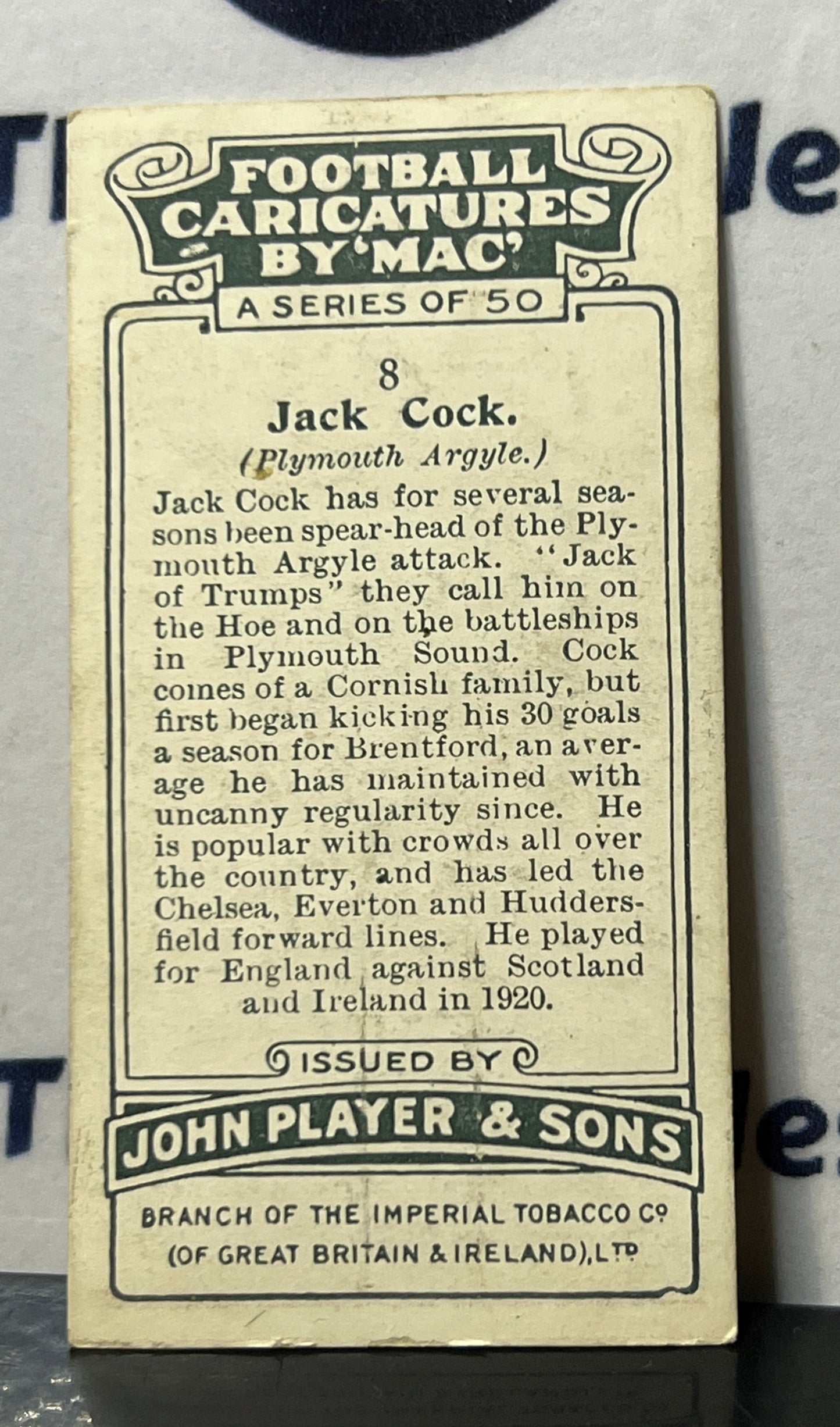1927 FOOTBALLERS CARICATURES BY "MAC" JOHN PLAYER & SONS JACK COCK # 8 PLAYER'S CIGARETTES SOCCER CARD