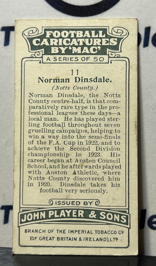 1927 FOOTBALL CARICATURES BY "MAC" JOHN PLAYER & SONS NORMAN DINSDALE # 11 PLAYER'S CIGARETTES SOCCER CARD