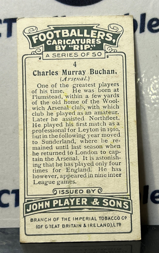 1926 FOOTBALLERS CARICATURES BY "RIP" JOHN PLAYER & SONS CHARLES MURRAY BUCHAN # 4 PLAYER'S CIGARETTES SOCCER CARD